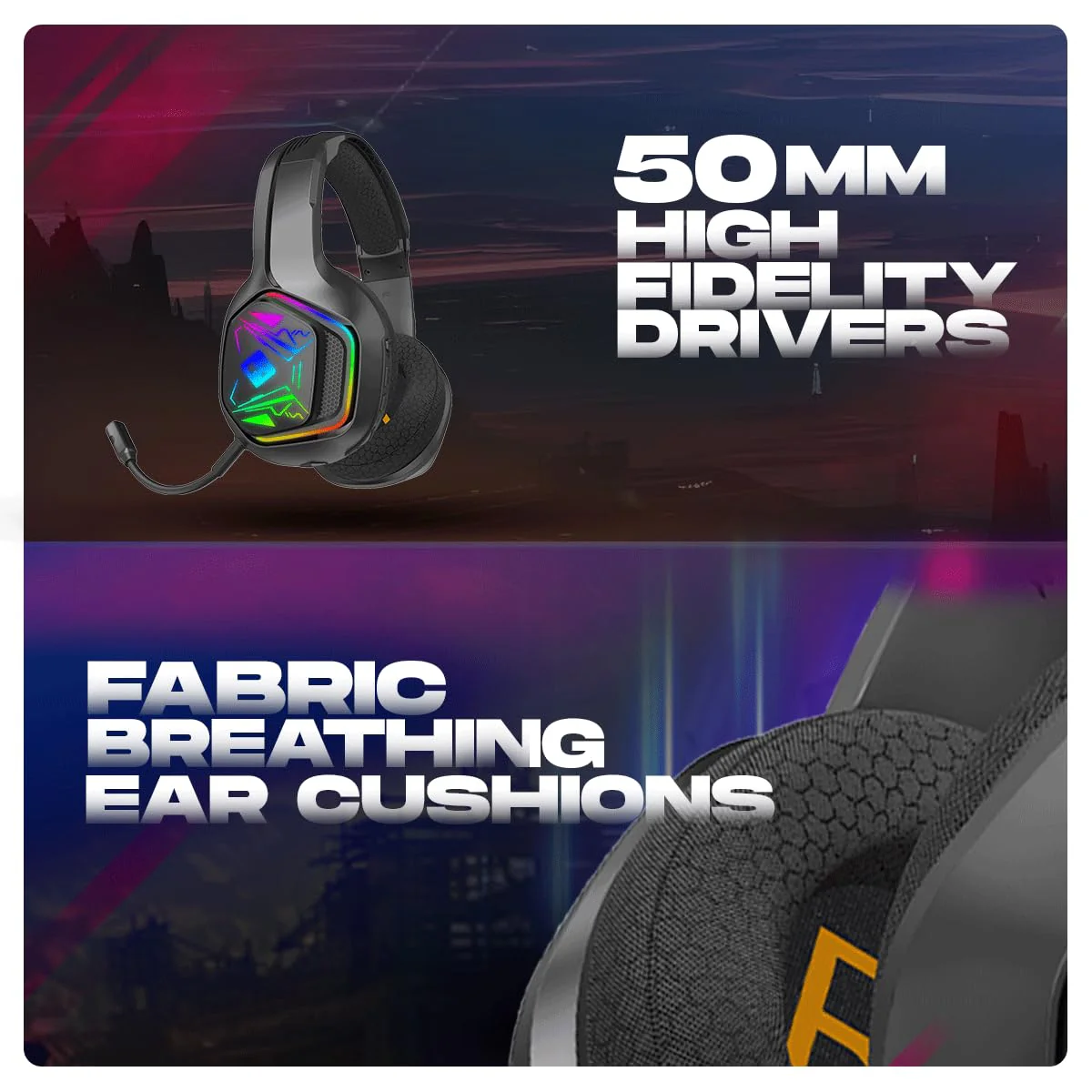 Cosmic Byte Immortal 2.4Ghz Wireless + Bluetooth + Wired Headphone, 20ms Latency, 40Hrs Battery Life, 50mm Driver, RGB LED, Fabric Cushions, Detachable ENC Microphone (Black) - Image 4