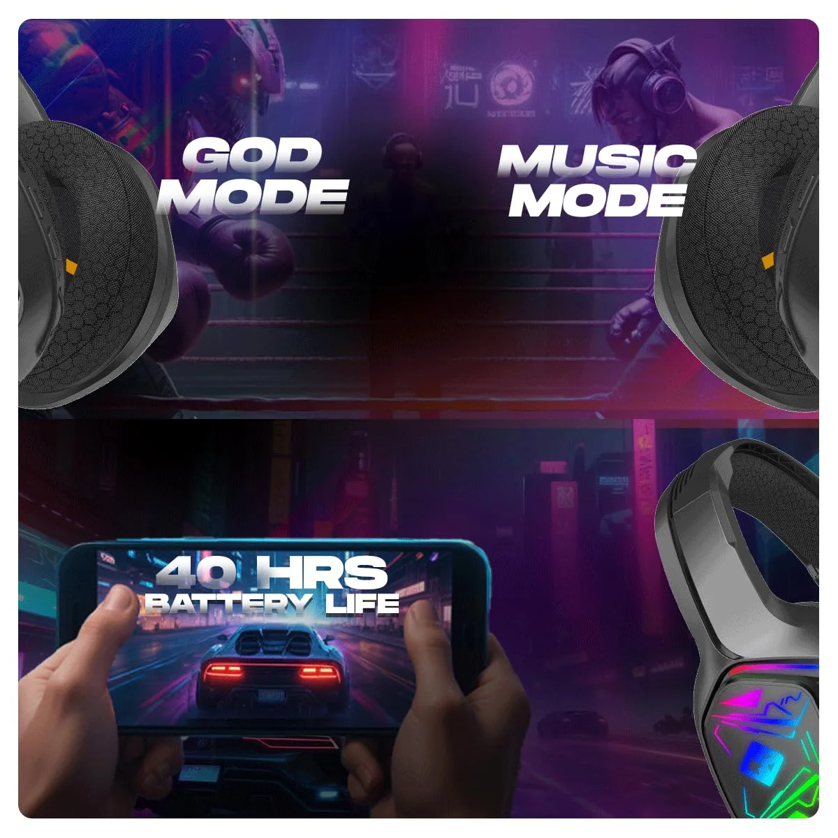 Cosmic Byte Immortal 2.4Ghz Wireless + Bluetooth + Wired Headphone, 20ms Latency, 40Hrs Battery Life, 50mm Driver, RGB LED, Fabric Cushions, Detachable ENC Microphone (Black) - Image 6
