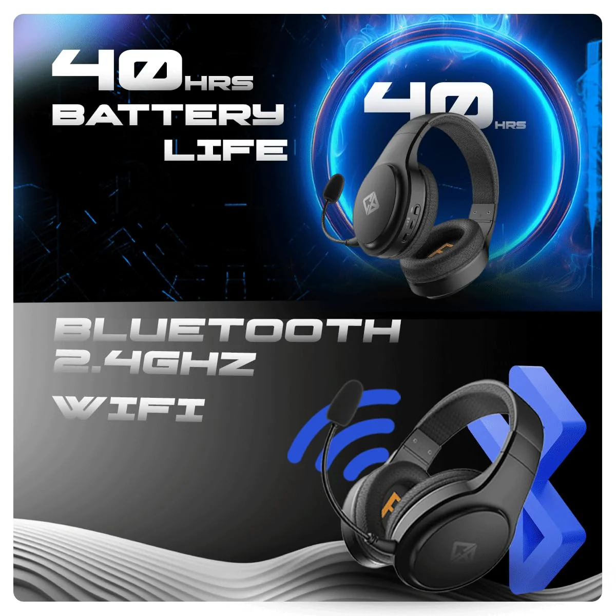 Cosmic Byte Inferno 2.4Ghz Wireless + Bluetooth + Wired Headphone, Dual Mode, 20ms Latency, 40Hrs Battery Life, 50mm Driver, ENC Microphone, Breathable Fabric Cushions (Black) - Image 2