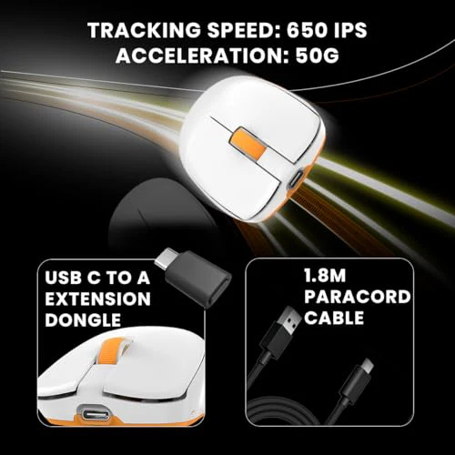 Cosmic Byte Velox 39g Ultra-Light Tri-Mode Gaming Mouse | PixArt PAW3395 Sensor | 26,000 DPI | 650 IPS | 50G Acceleration | Paracord Cable | PTFE Feet | 1000Hz Polling | 230mAh Battery (White) - Image 6