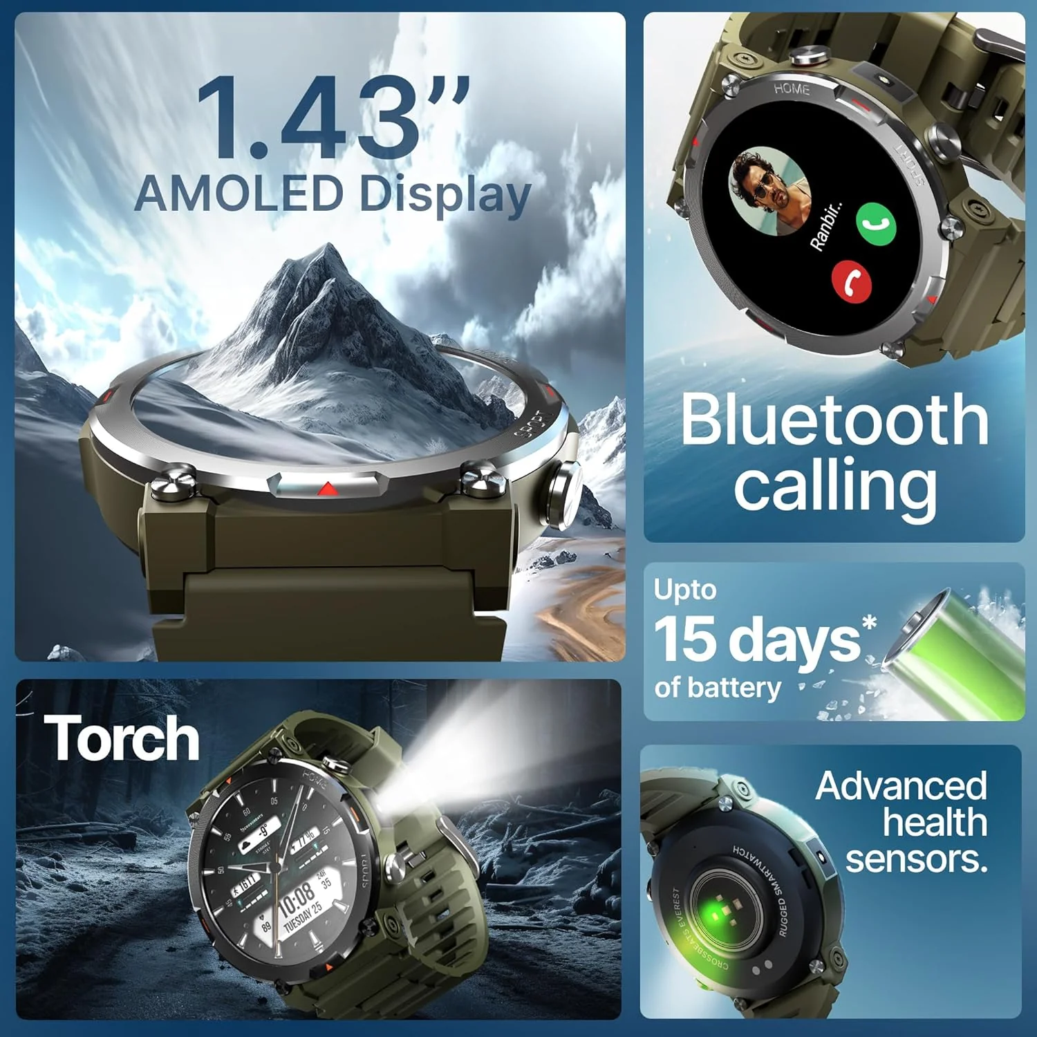 CrossBeats Everest 2.0 Smart watch for Men 1.43" True AMOLED, Always ON Display Bluetooth Calling Rugged Outdoor with Flash Light Upto 15 Days Battery Life Smartwatch 100+ sports mode (Military Green) - Image 2