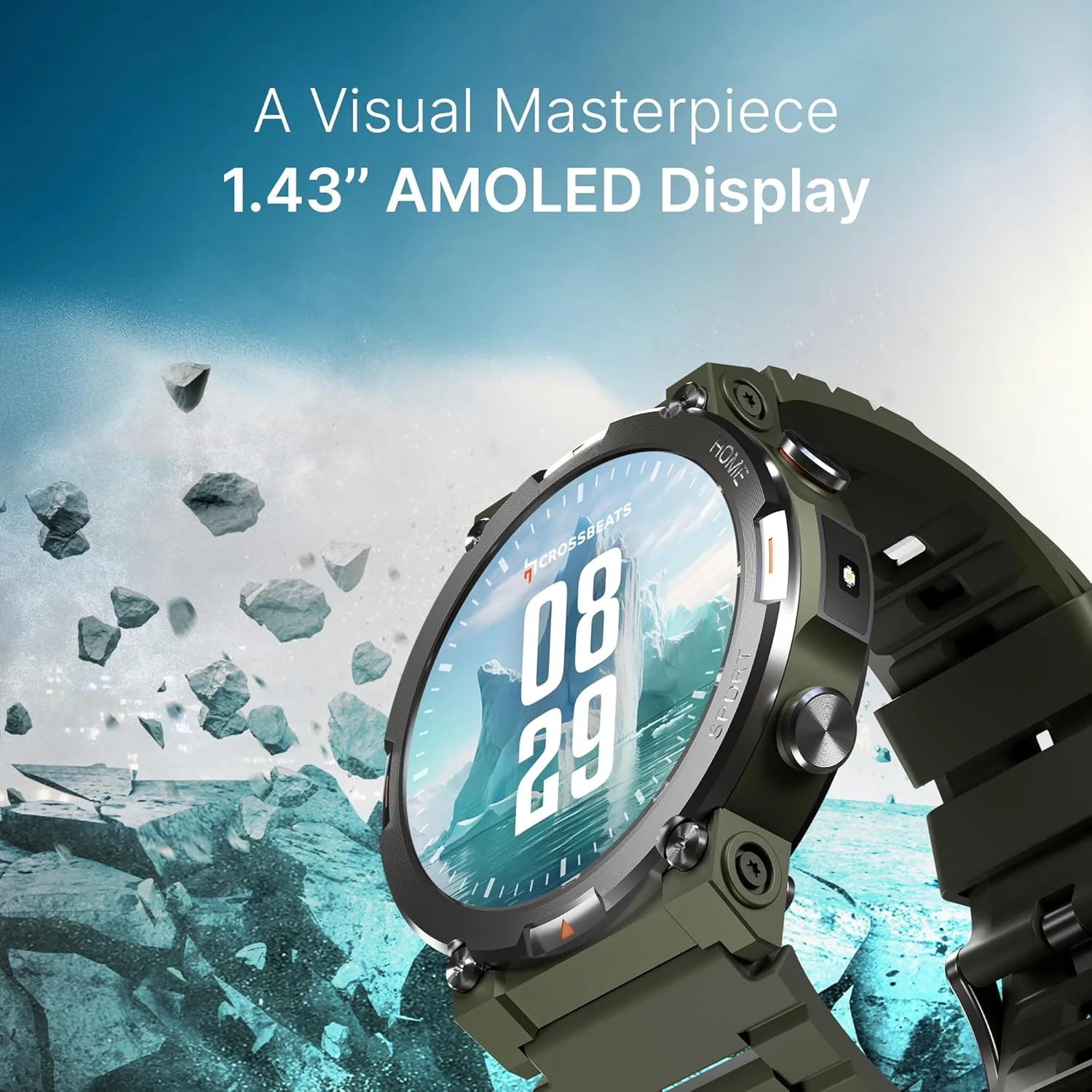 CrossBeats Everest 2.0 Smart watch for Men 1.43" True AMOLED, Always ON Display Bluetooth Calling Rugged Outdoor with Flash Light Upto 15 Days Battery Life Smartwatch 100+ sports mode (Military Green) - Image 3