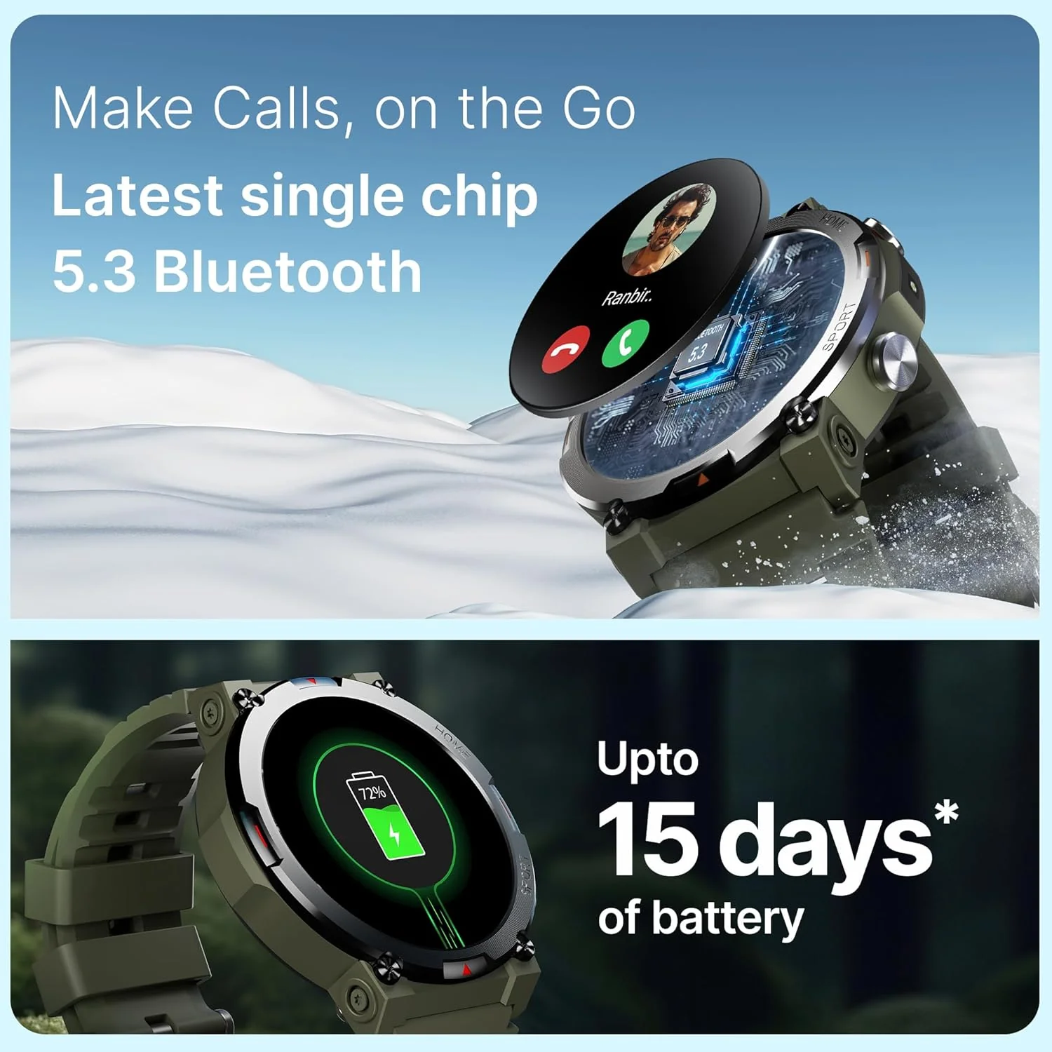 CrossBeats Everest 2.0 Smart watch for Men 1.43" True AMOLED, Always ON Display Bluetooth Calling Rugged Outdoor with Flash Light Upto 15 Days Battery Life Smartwatch 100+ sports mode (Military Green) - Image 5