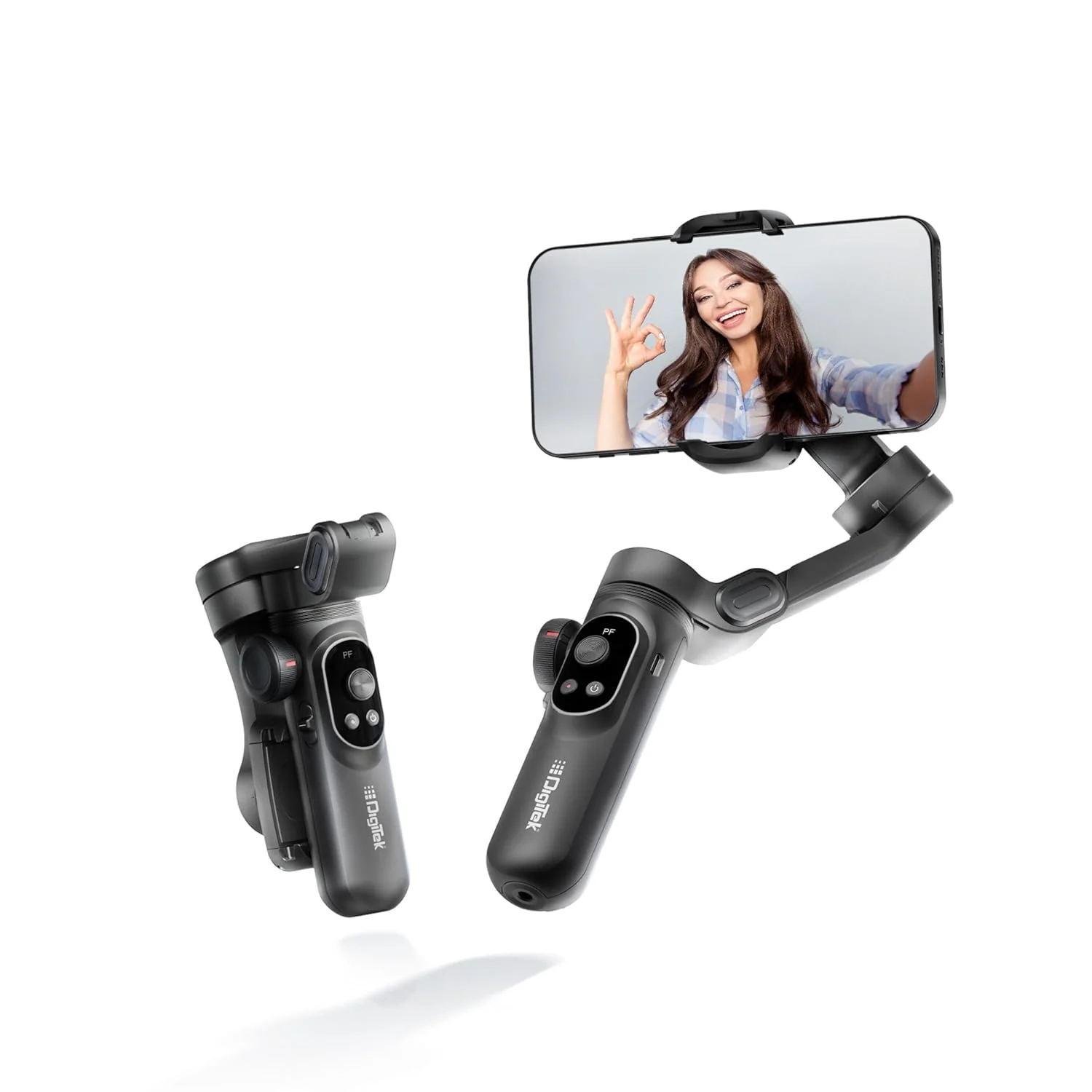 Digitek (DSG-010 PRO) 3-Axis Black Smartphone Gimbal Pocket Size Foldable with Wireless Charging, 8 Creative Filming Modes, OLED Display & AI Face/Object Tracking, Android & iOS
