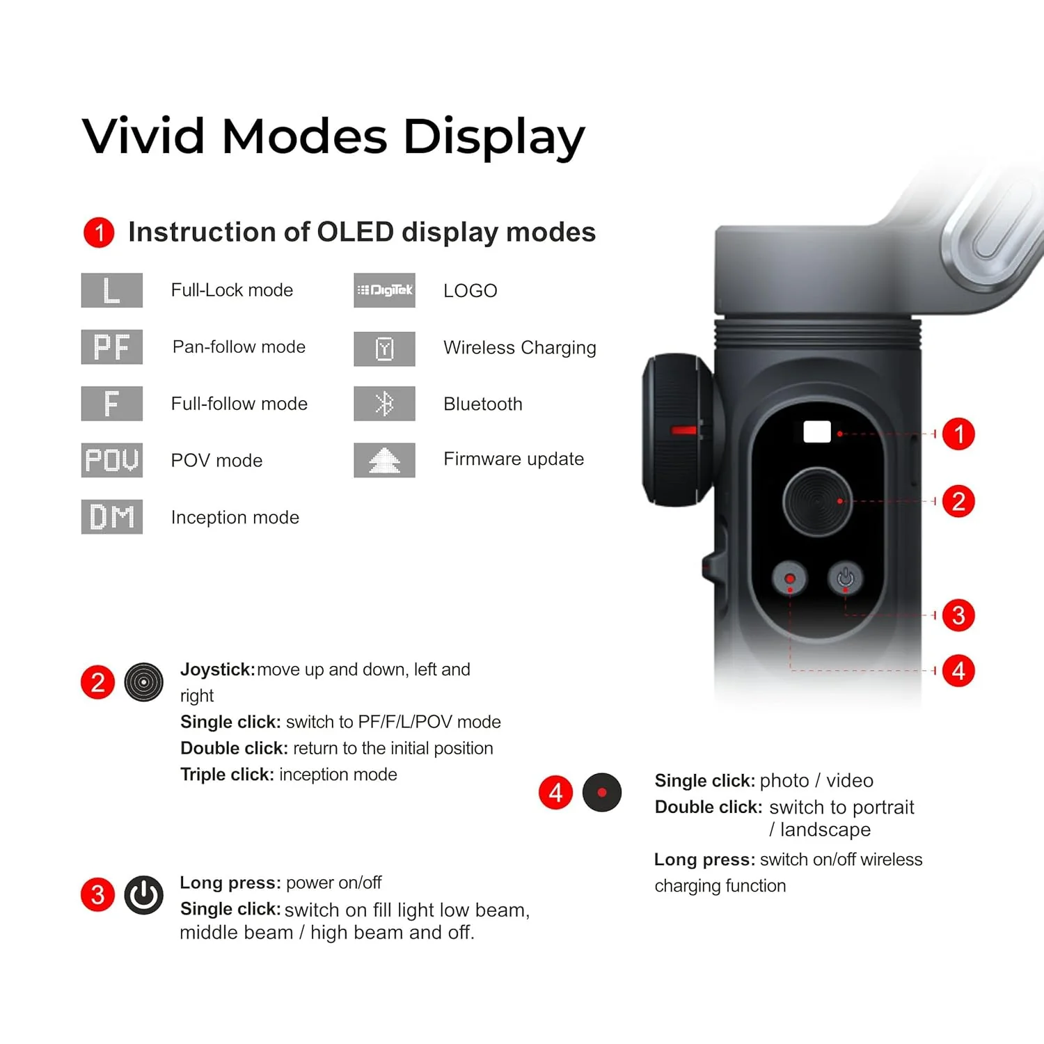 Digitek (DSG-010 PRO) 3-Axis Black Smartphone Gimbal Pocket Size Foldable with Wireless Charging, 8 Creative Filming Modes, OLED Display & AI Face/Object Tracking, Android & iOS - Image 3