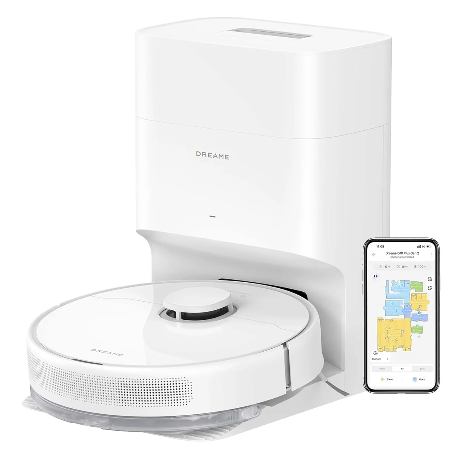 DREAME D10 Plus Gen 2 Robot Vacuum Cleaner with Automatic Dust Emptying, Stores up to 90 Days of Dust, LiDAR Navigation, 6000 Pa Suction Power for Carpets and Pet Hair, 285-Minute Battery, White