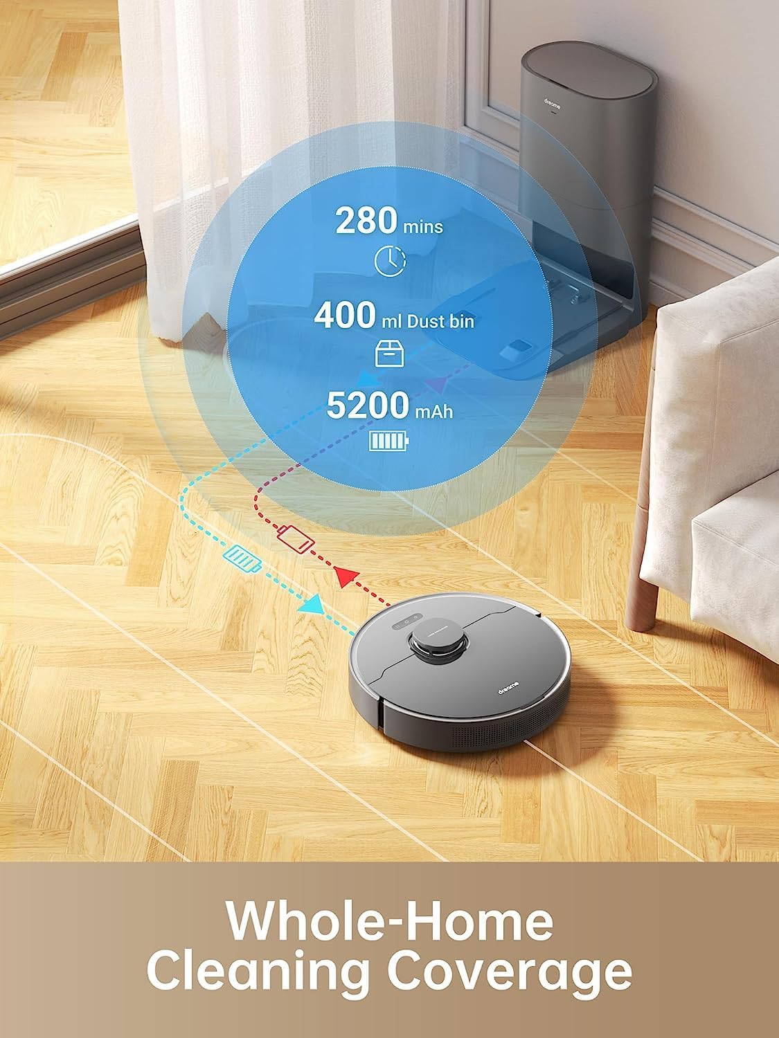 dreame D10s Plus Robot Vacuum and Mop Combo, Self-Emptying for up to 65 Days, 5,000Pa Suction Power, Advanced AI and LiDAR Navigation, 280-min Runtime, Compatible with Alexa, Ideal for Pet Hair, Black - Image 7