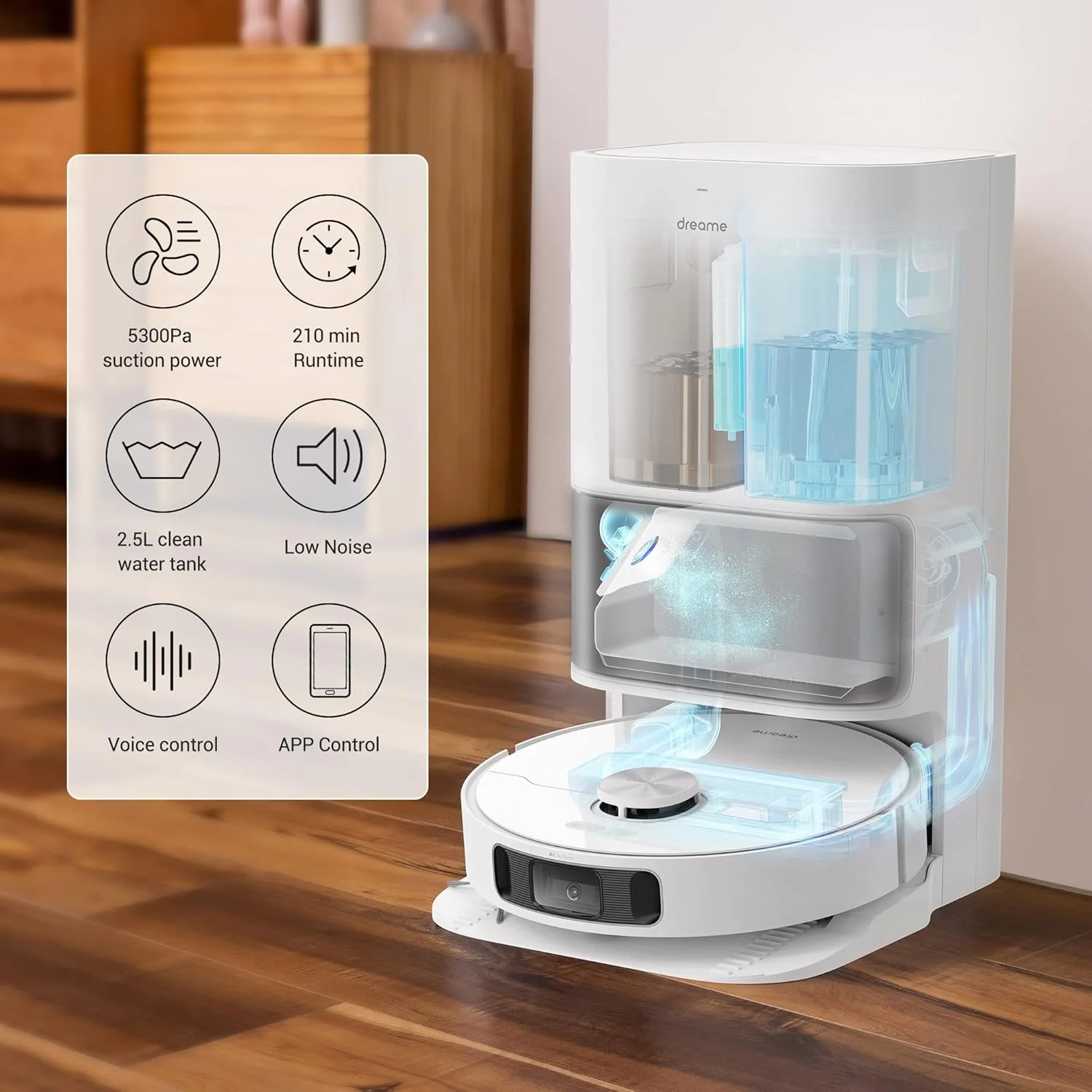 DREAME L10s Ultra Robot Vacuum Cleaner Washer with Self-Cleaning Base Station (Dust Drain, Automatic Cleaning) AI Obstacle Detection 3D, 5300Pa Suction Power, 210 Minutes Battery, WiFi/APP/Alexa - Image 3