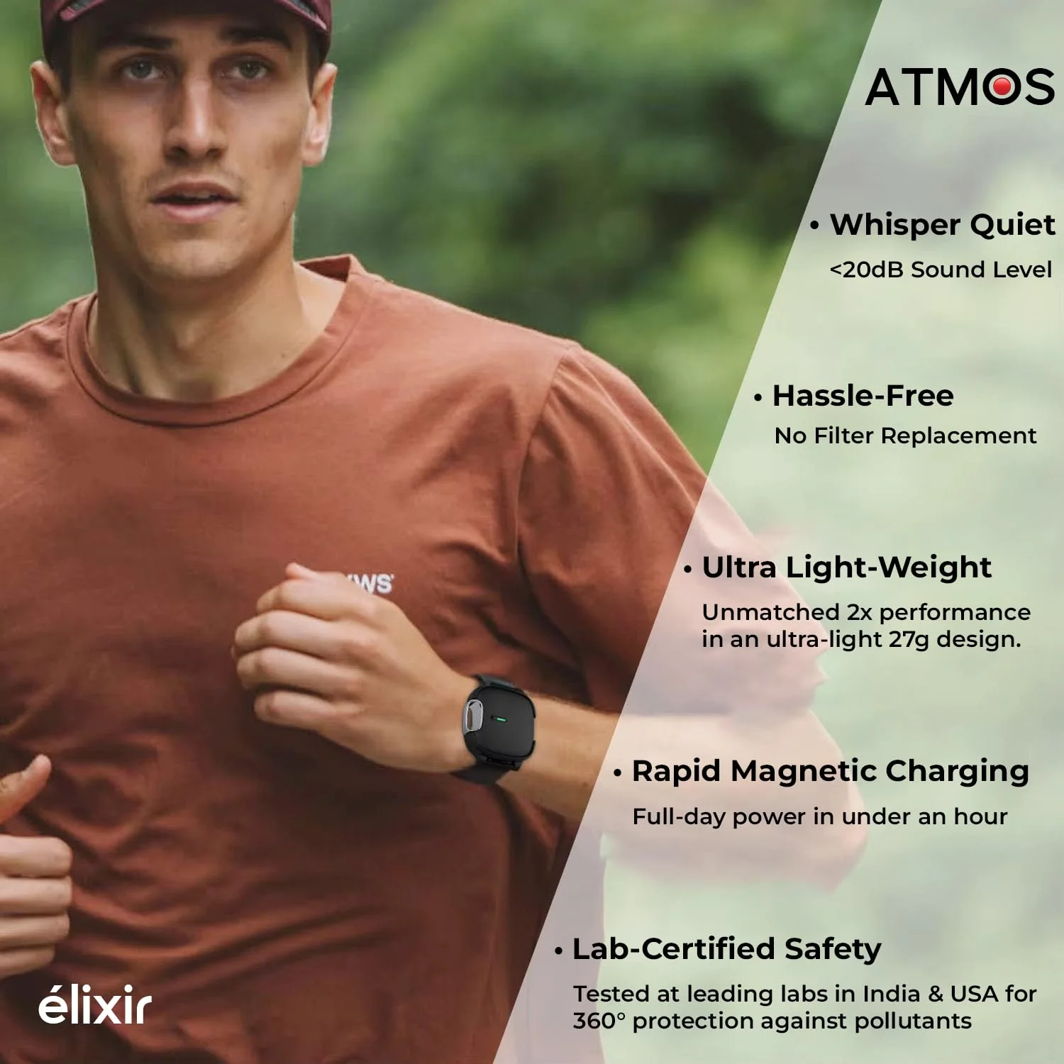 รฉlixir ATMOS 3-in-1 Wearable & Portable Air Purifier with Patented HyperRelease Anion Tech | Removes 99.9% Pollutants in 30min โ PM, Virus, Bacteria | Filterless | Developed at IIT-BHU (BRAND NEW/SEALED) - Image 6