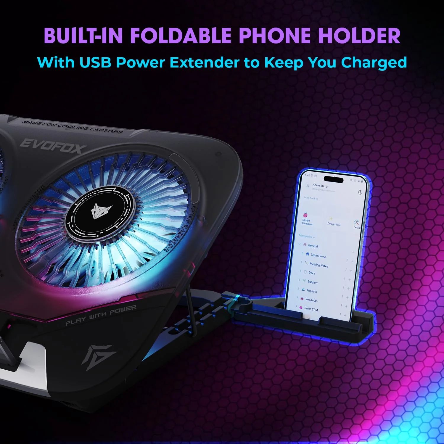 EvoFox Blizzard 2 Xtreme Laptop Cooling Pad | Dual Semiconductor Plates, 2x140 mm Fans, RGB Lighting, Digital Display & Roller Control, 5-Level Stand, USB Extender & Phone Holder-for 14”-17” Laptops - Image 6