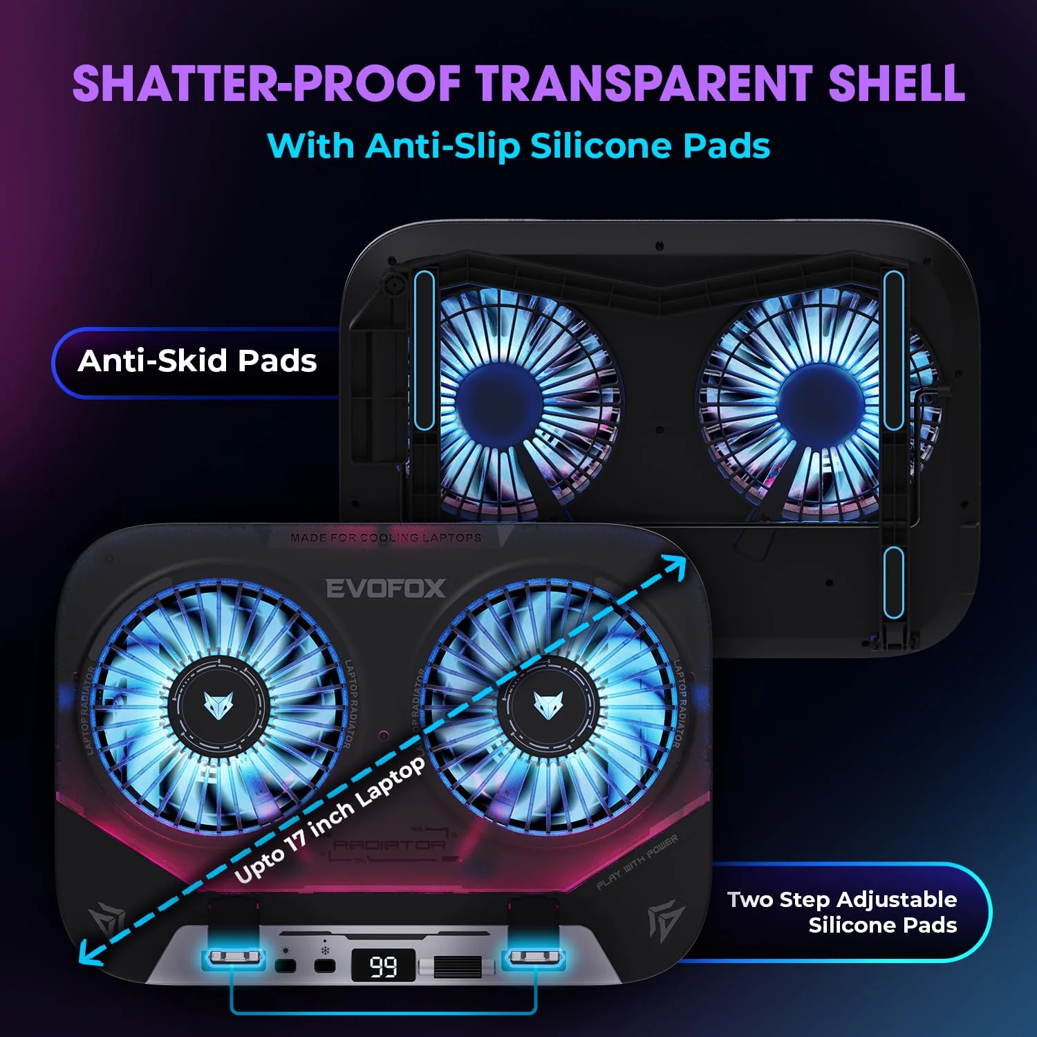 EvoFox Blizzard 2 Xtreme Laptop Cooling Pad | Dual Semiconductor Plates, 2x140 mm Fans, RGB Lighting, Digital Display & Roller Control, 5-Level Stand, USB Extender & Phone Holder-for 14”-17” Laptops - Image 9