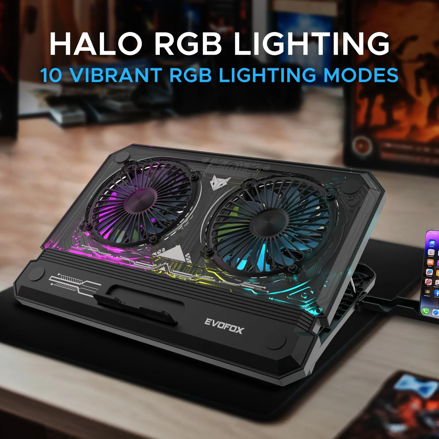 EvoFox Blizzard RGB Cooling Pad for Gaming Laptop with Transparent Upper Surface, 2 Large Fans, 8 Adjustable Angles, Edge RGB Lighting, Additional USB Port for Laptops up to 43.18 cm (17 inches) - Image 4