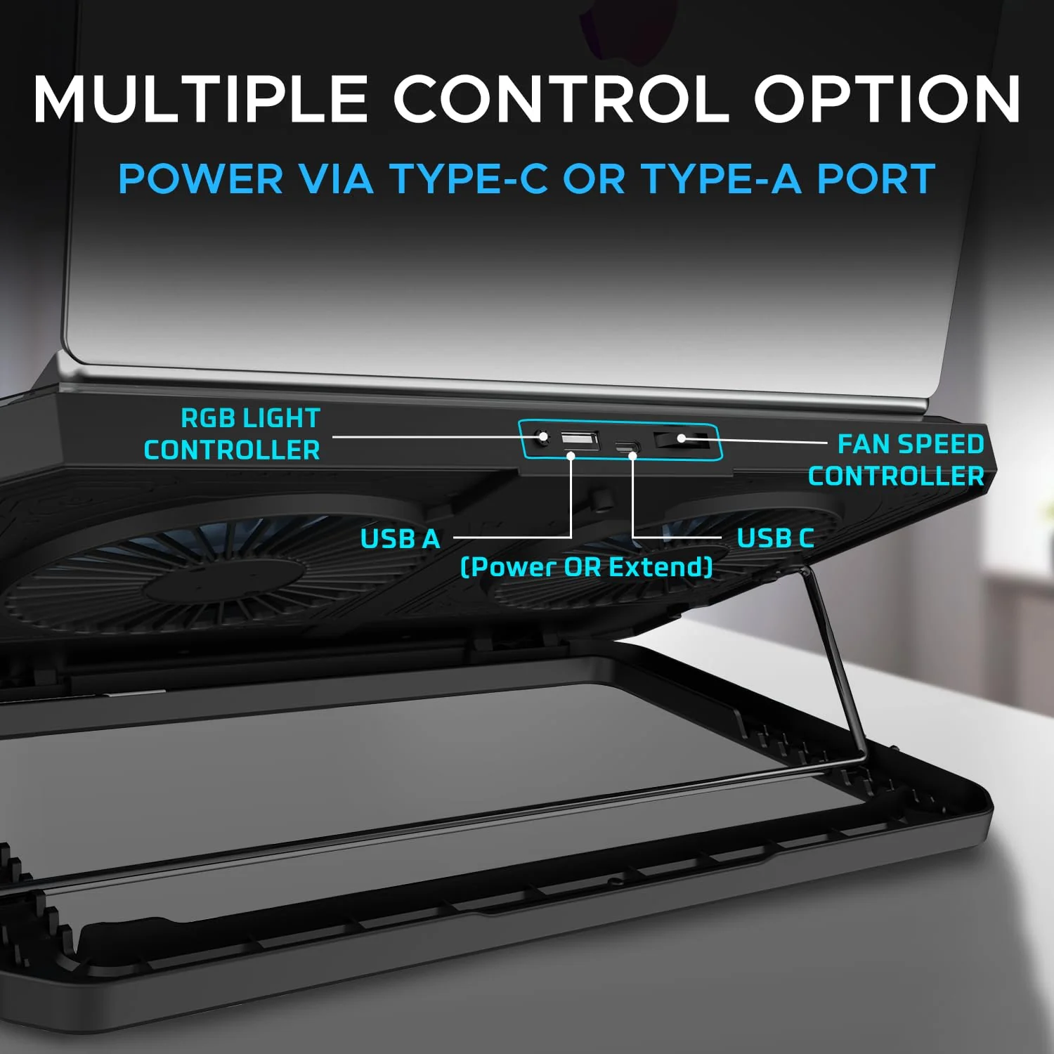 EvoFox Blizzard RGB Cooling Pad for Gaming Laptop with Transparent Upper Surface, 2 Large Fans, 8 Adjustable Angles, Edge RGB Lighting, Additional USB Port for Laptops up to 43.18 cm (17 inches) - Image 6