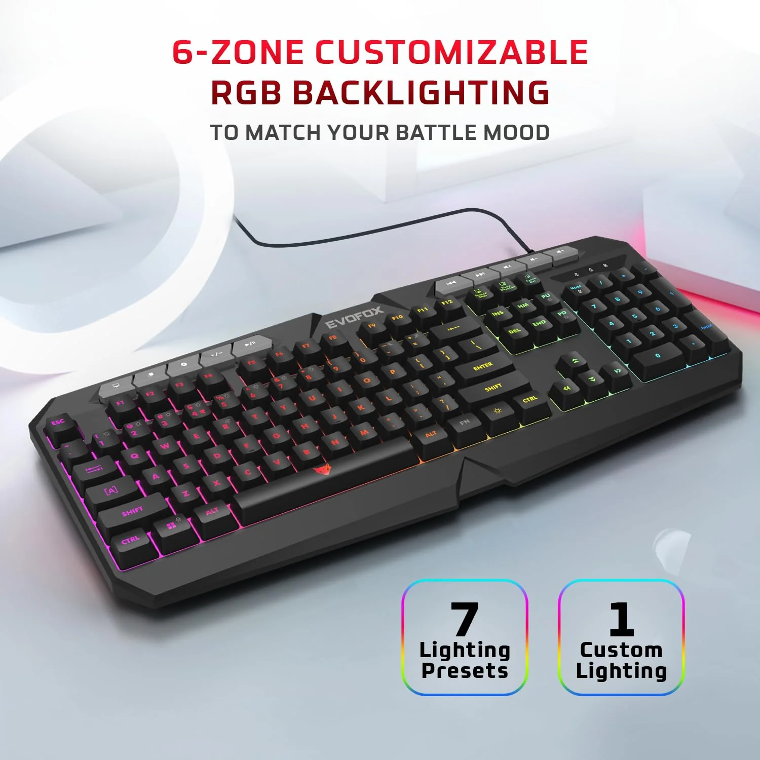EvoFox Deathray v2 Gaming Keyboard & Mouse Combo | 6 Zone RGB Backlighting, 19 Anti Ghosting Keys, Membrane Keys, Ergonomic, Full-Size | 6 Buttons, 7 Color LED Lighting, Upto 3600DP | Extended Deskpad (Wired) - Image 3