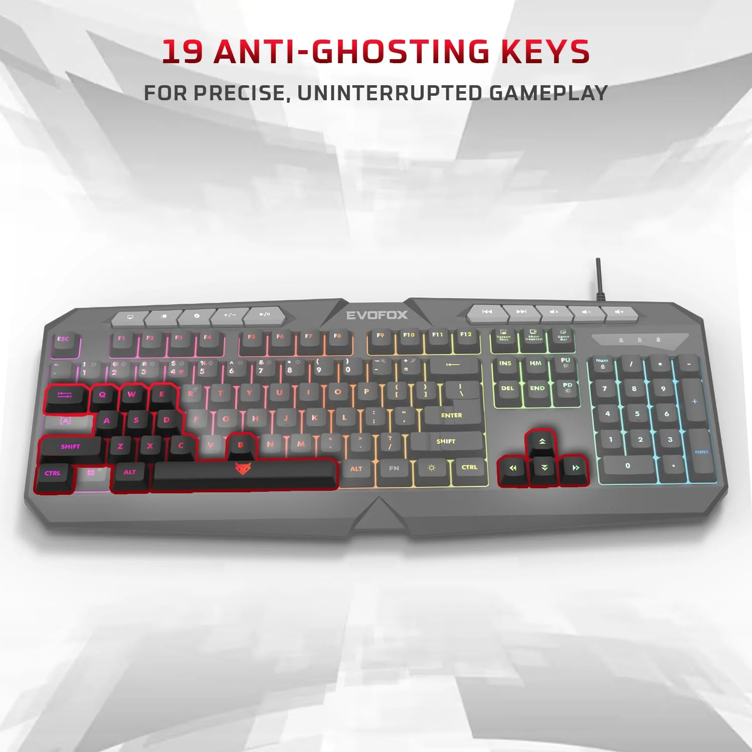 EvoFox Deathray v2 Gaming Keyboard & Mouse Combo | 6 Zone RGB Backlighting, 19 Anti Ghosting Keys, Membrane Keys, Ergonomic, Full-Size | 6 Buttons, 7 Color LED Lighting, Upto 3600DP | Extended Deskpad (Wired) - Image 5