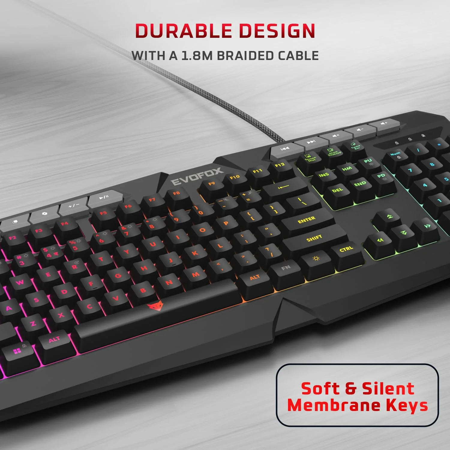 EvoFox Deathray v2 Gaming Keyboard & Mouse Combo | 6 Zone RGB Backlighting, 19 Anti Ghosting Keys, Membrane Keys, Ergonomic, Full-Size | 6 Buttons, 7 Color LED Lighting, Upto 3600DP | Extended Deskpad (Wired) - Image 6