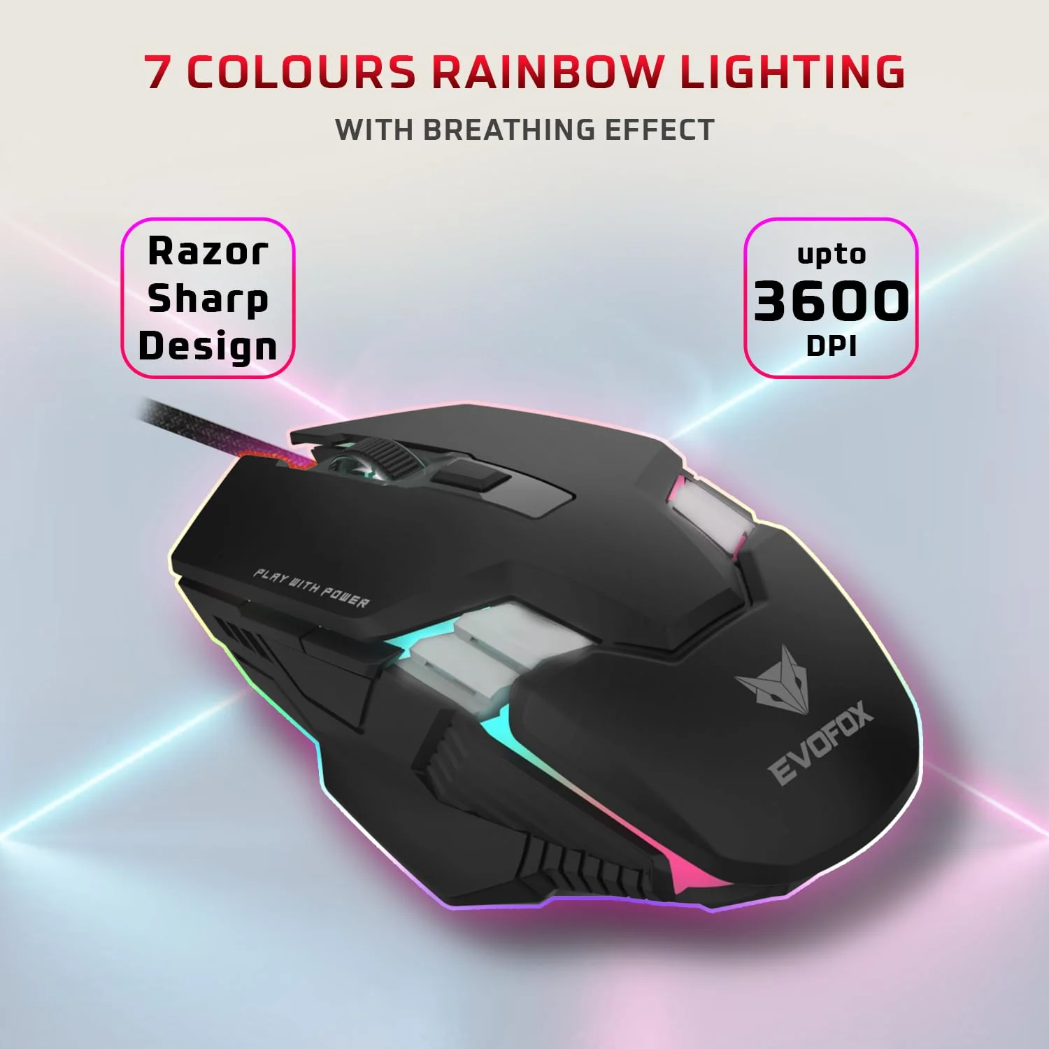 EvoFox Deathray v2 Gaming Keyboard & Mouse Combo | 6 Zone RGB Backlighting, 19 Anti Ghosting Keys, Membrane Keys, Ergonomic, Full-Size | 6 Buttons, 7 Color LED Lighting, Upto 3600DP | Extended Deskpad (Wired) - Image 7