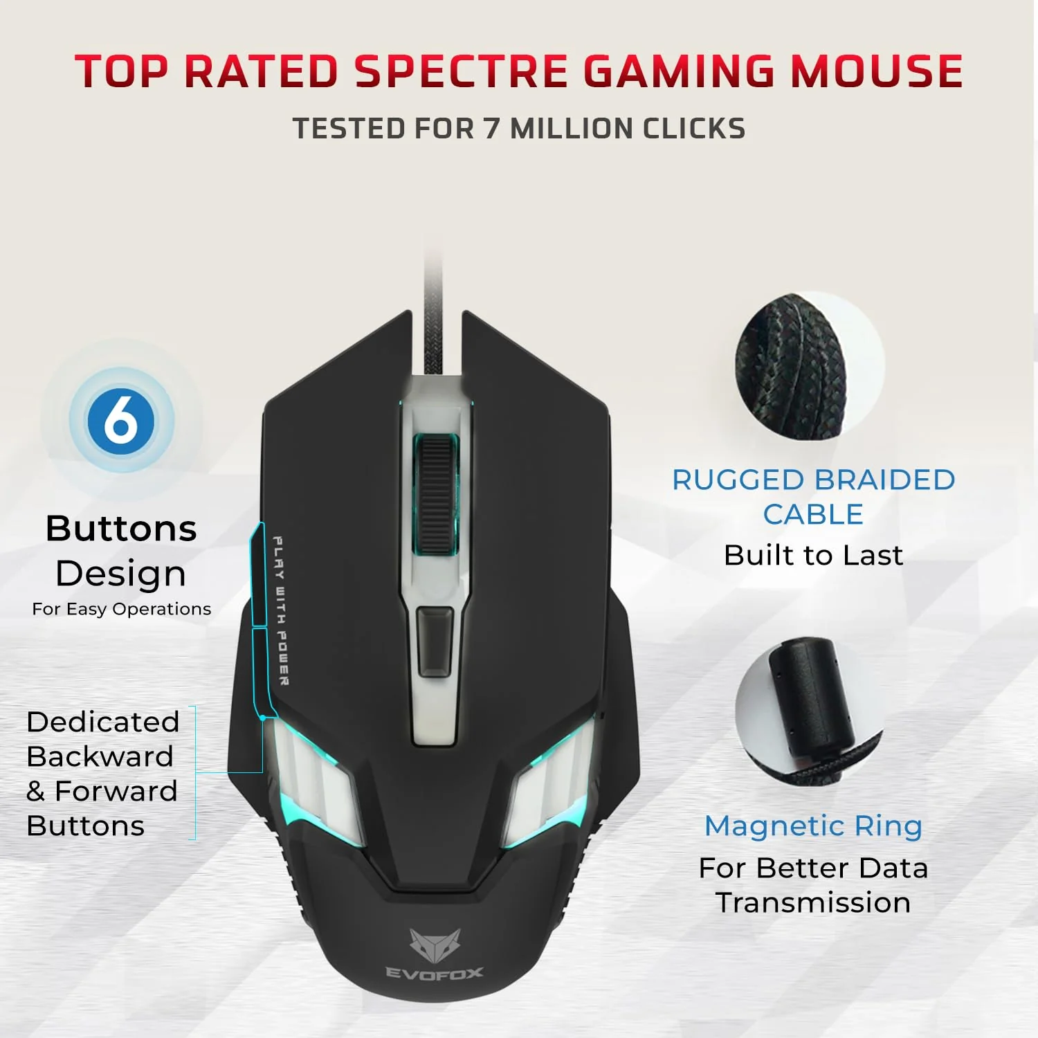 EvoFox Deathray v2 Gaming Keyboard & Mouse Combo | 6 Zone RGB Backlighting, 19 Anti Ghosting Keys, Membrane Keys, Ergonomic, Full-Size | 6 Buttons, 7 Color LED Lighting, Upto 3600DP | Extended Deskpad (Wired) - Image 8