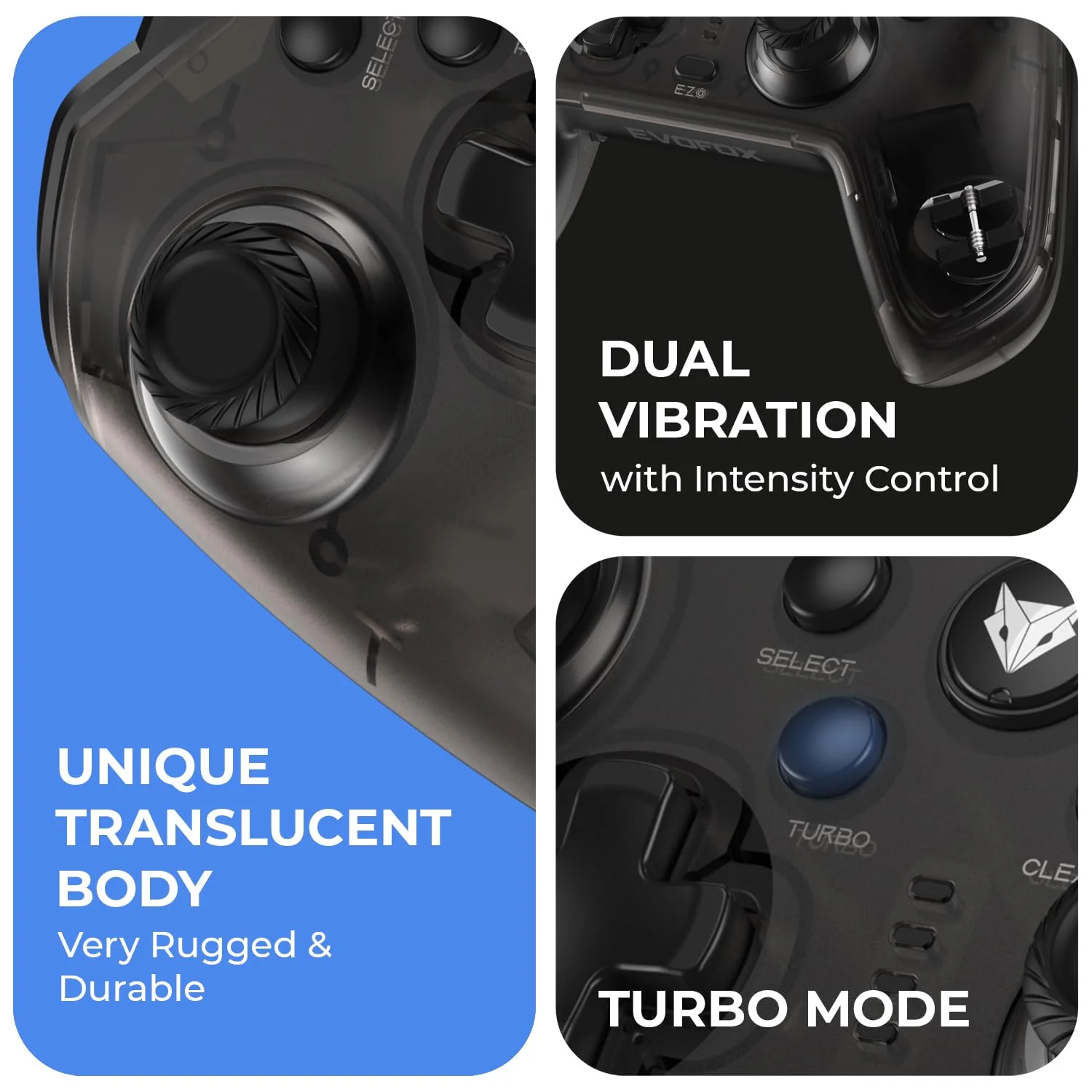 EvoFox Elite X Wired Gaming Controller for PC with 2 Programmable Macro Back Buttons, Adjustable Dual Vibration Motors,Turbo Mode,Analog Triggers, High Precision joysticks,Low Latency Plug and Play,Translucent Shell Controller for pc - Image 6