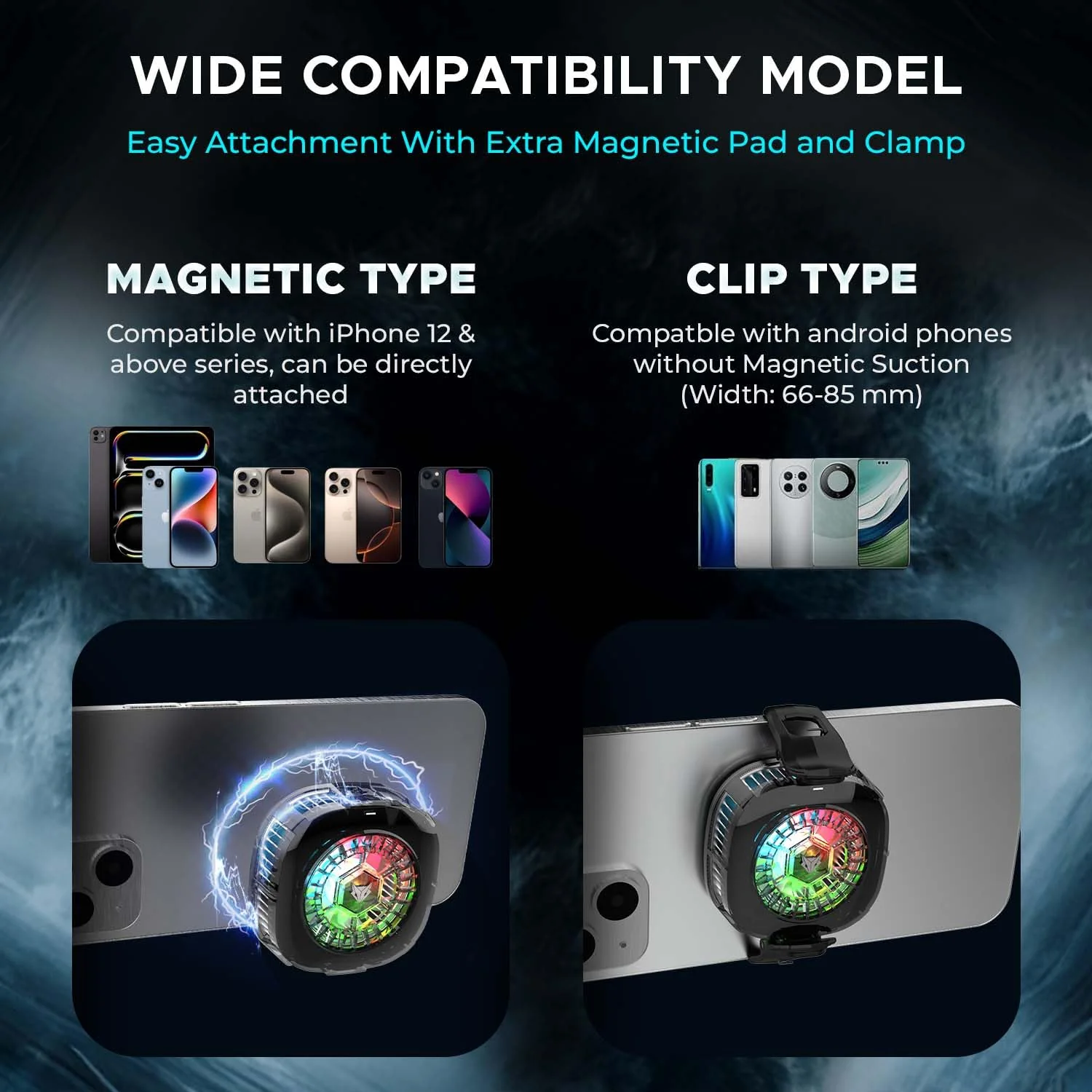 EvoFox Hailstone 2 18W Phone Cooler for Gaming, 2 in 1 [MagSafe+Clamp] Mounting | Instant Cooling, Semiconductor Tech Enhanced Refrigeration Chip Reaches 0°C|7-Blade 6000 RPM | RGB | Type-C & Display - Image 3