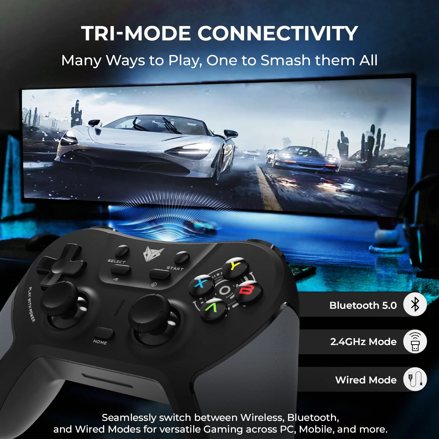 EvoFox One S Universal 3-Mode Wireless Gaming Controller, HallSenseโข Precision Joysticks, Bluetooth 5.0, 2.4GHz, Fast Type-C Charging for PC, Mobile, Android TV, PS4 & Console Gaming - Image 3