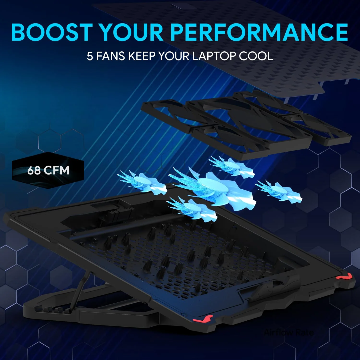 EvoFox Typhoon Laptop Cooling Pad with 5 Adjustable Speed Fans, 4 Angle Stand, Hexa Mesh Metal Surface, Funky Blue LED Lights, Dual USB Ports & Braided Cable – Fits All Laptop Sizes - Image 2