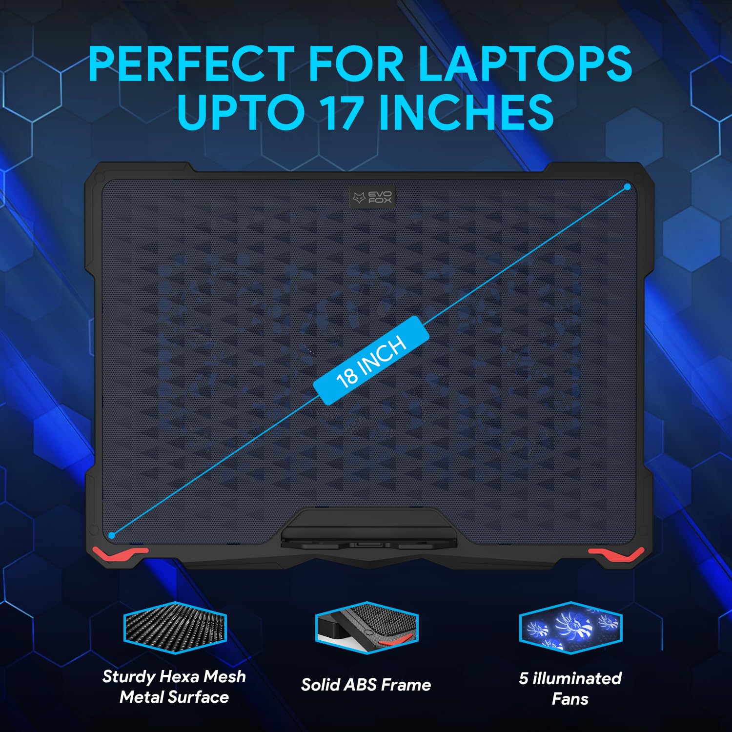 EvoFox Typhoon Laptop Cooling Pad with 5 Adjustable Speed Fans, 4 Angle Stand, Hexa Mesh Metal Surface, Funky Blue LED Lights, Dual USB Ports & Braided Cable – Fits All Laptop Sizes - Image 4