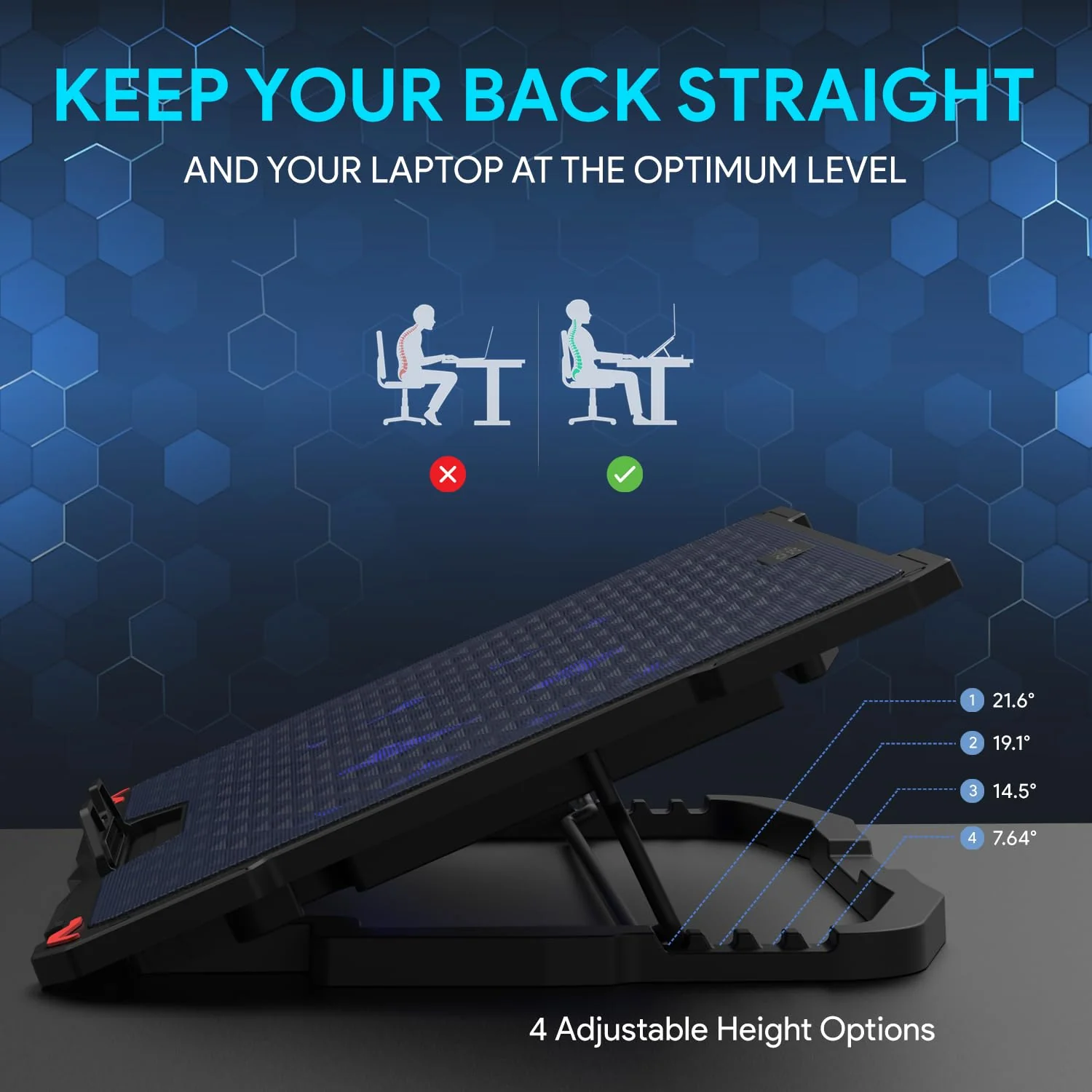 EvoFox Typhoon Laptop Cooling Pad with 5 Adjustable Speed Fans, 4 Angle Stand, Hexa Mesh Metal Surface, Funky Blue LED Lights, Dual USB Ports & Braided Cable – Fits All Laptop Sizes - Image 5