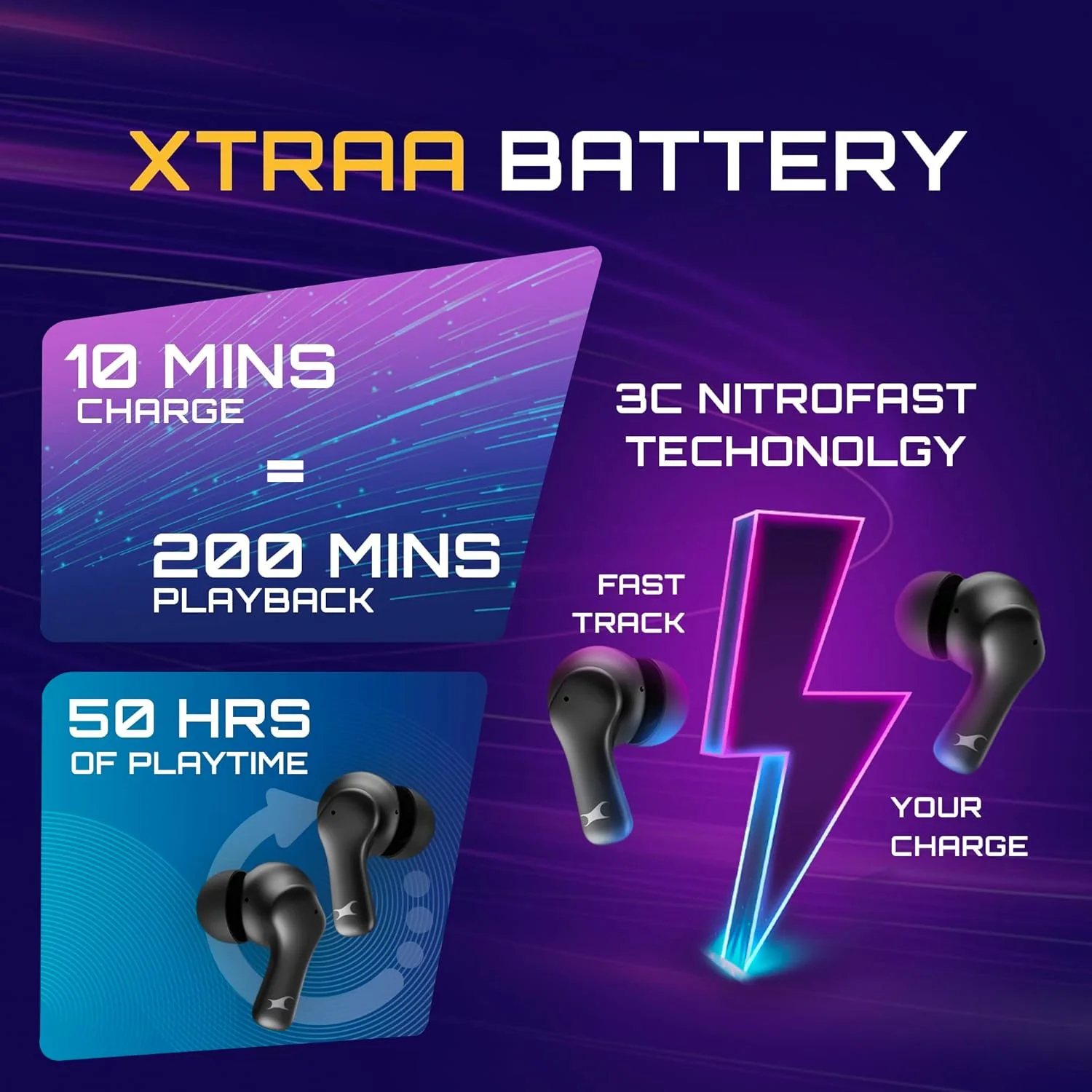 Fastrack Fpods FZ100 TWS in-Ear Earbuds with Mega 50 Hrs Playtime|Extra Deep Bass Driver|Quad Mic ENC for Clear Calls|Ultra Low 40ms Latency Gaming Mode|NitroFast Charge-200 Min in 10 Min-Black - Image 3