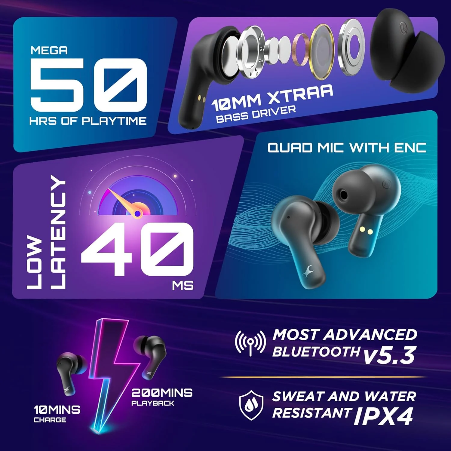 Fastrack Fpods FZ100 TWS in-Ear Earbuds with Mega 50 Hrs Playtime|Extra Deep Bass Driver|Quad Mic ENC for Clear Calls|Ultra Low 40ms Latency Gaming Mode|NitroFast Charge-200 Min in 10 Min-Black - Image 5