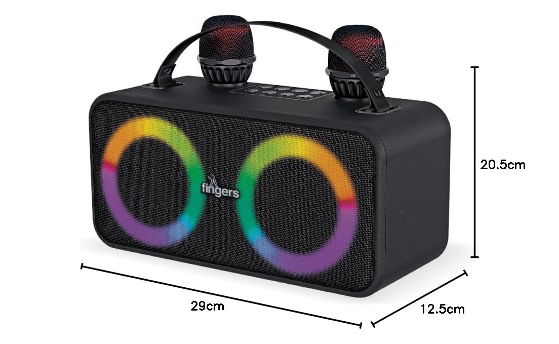 FINGERS 2Mic-Karaoke Portable Speaker with 2 Wireless Mics (RGB Lights, 6-Hour Playback, 24 W Intense Bass, Bluetooth® | USB | MicroSD | FM Radio) – Rich Black - Image 10