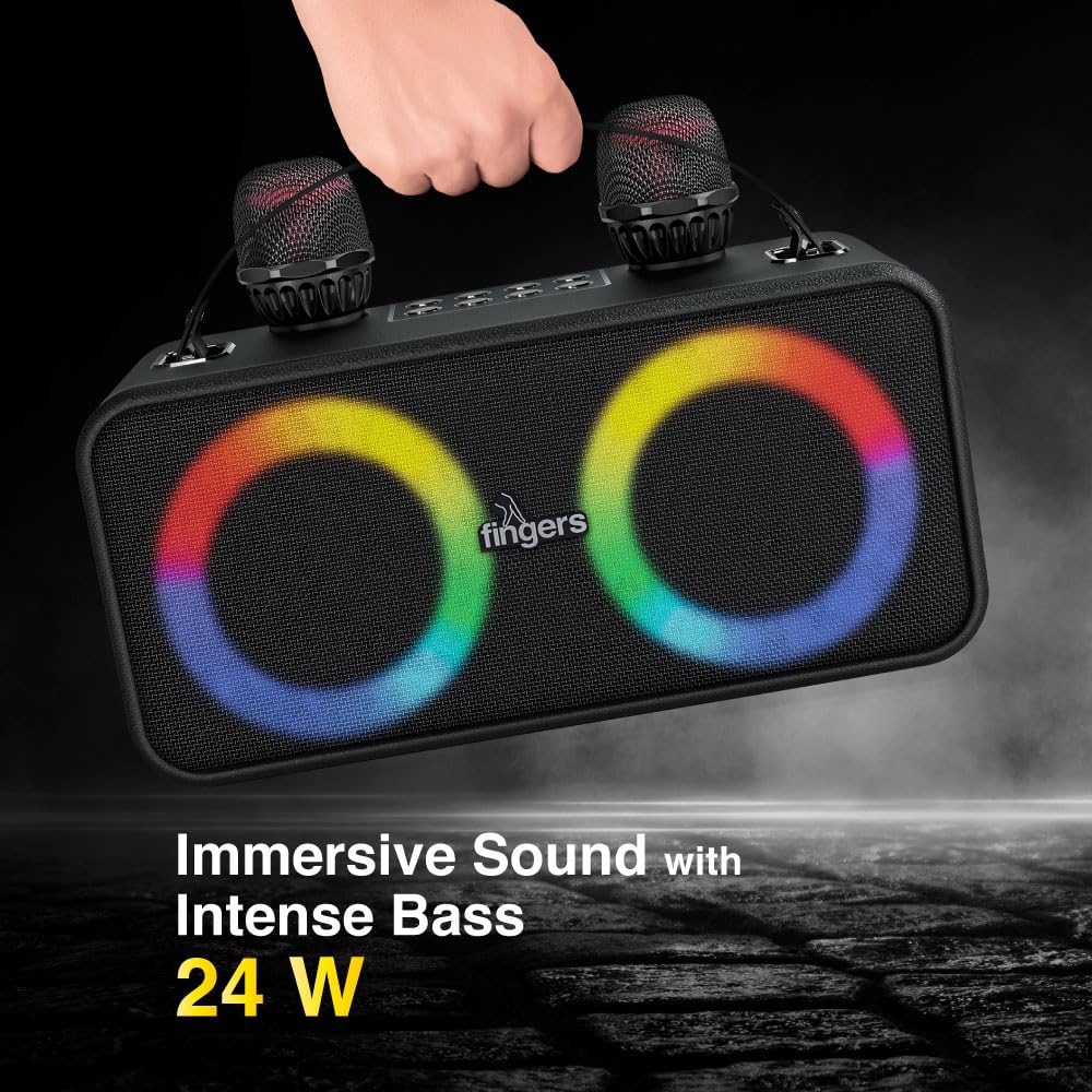 FINGERS 2Mic-Karaoke Portable Speaker with 2 Wireless Mics (RGB Lights, 6-Hour Playback, 24 W Intense Bass, Bluetooth® | USB | MicroSD | FM Radio) – Rich Black - Image 3