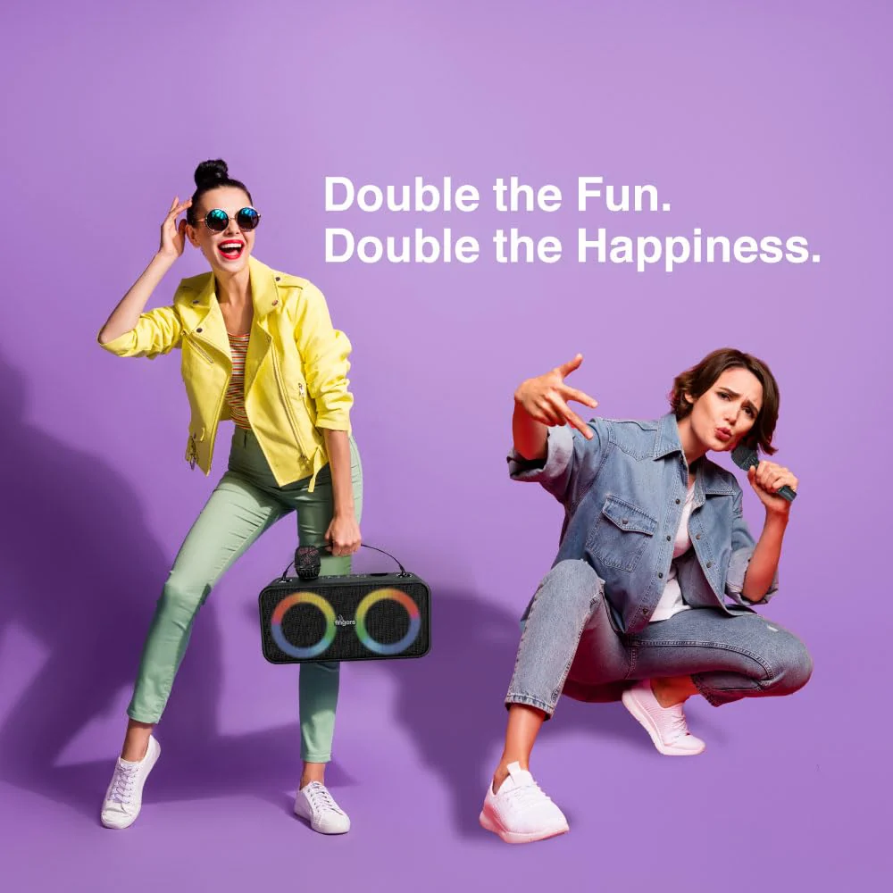 FINGERS 2Mic-Karaoke Portable Speaker with 2 Wireless Mics (RGB Lights, 6-Hour Playback, 24 W Intense Bass, Bluetooth® | USB | MicroSD | FM Radio) – Rich Black - Image 4
