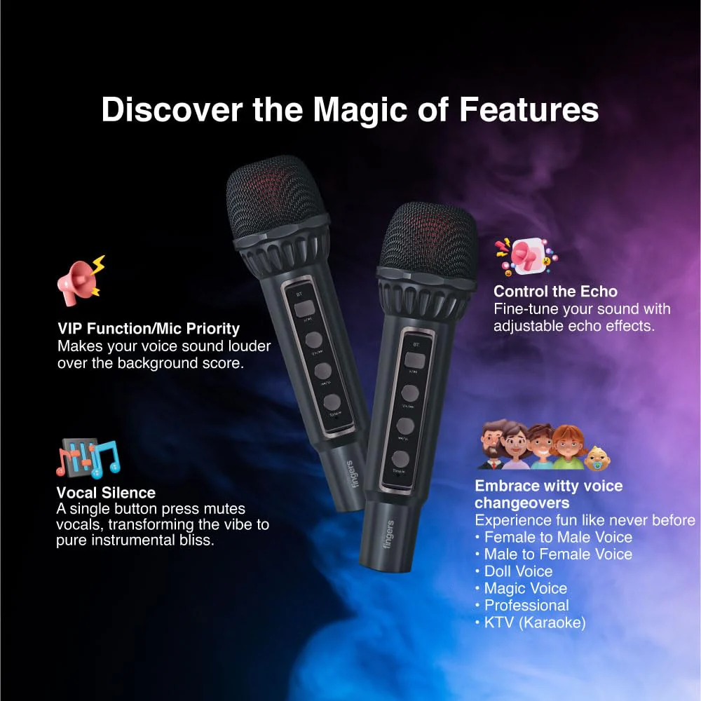 FINGERS 2Mic-Karaoke Portable Speaker with 2 Wireless Mics (RGB Lights, 6-Hour Playback, 24 W Intense Bass, Bluetooth® | USB | MicroSD | FM Radio) – Rich Black - Image 9