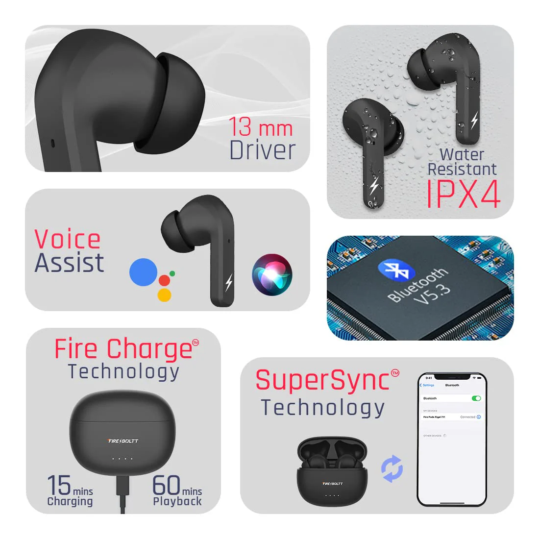 Fire-Boltt Fire Pods In Ear Earbuds Rigel With Appealing RGB Lights, Bluetooth 5.3, Mammoth 13Mm Drivers, Dual Mic ENC, 30Db ANC And Gaming Mode (Black) - Image 3