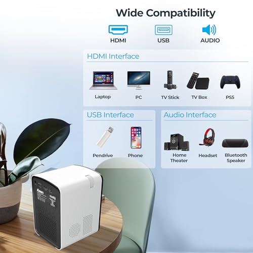 Foxin Vision 510 Smart Projector | Android 9.0 with OTT Apps | Native 720P with 4K Support | 5000 Lumens | 150 Inch Display | Wi-Fi & Bluetooth | Mini Projector for Room | 8W Speaker | White - Image 7