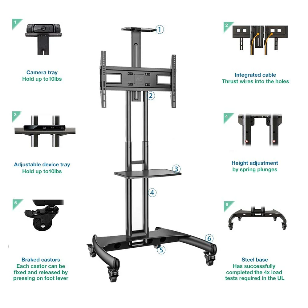 Gadget Wagon 32 - 75 inch LED TV Trolley Cart Portable Rolling Wheel Stand | VESA 600X400 mm | 45.5 kgs Load Capacity - Image 2