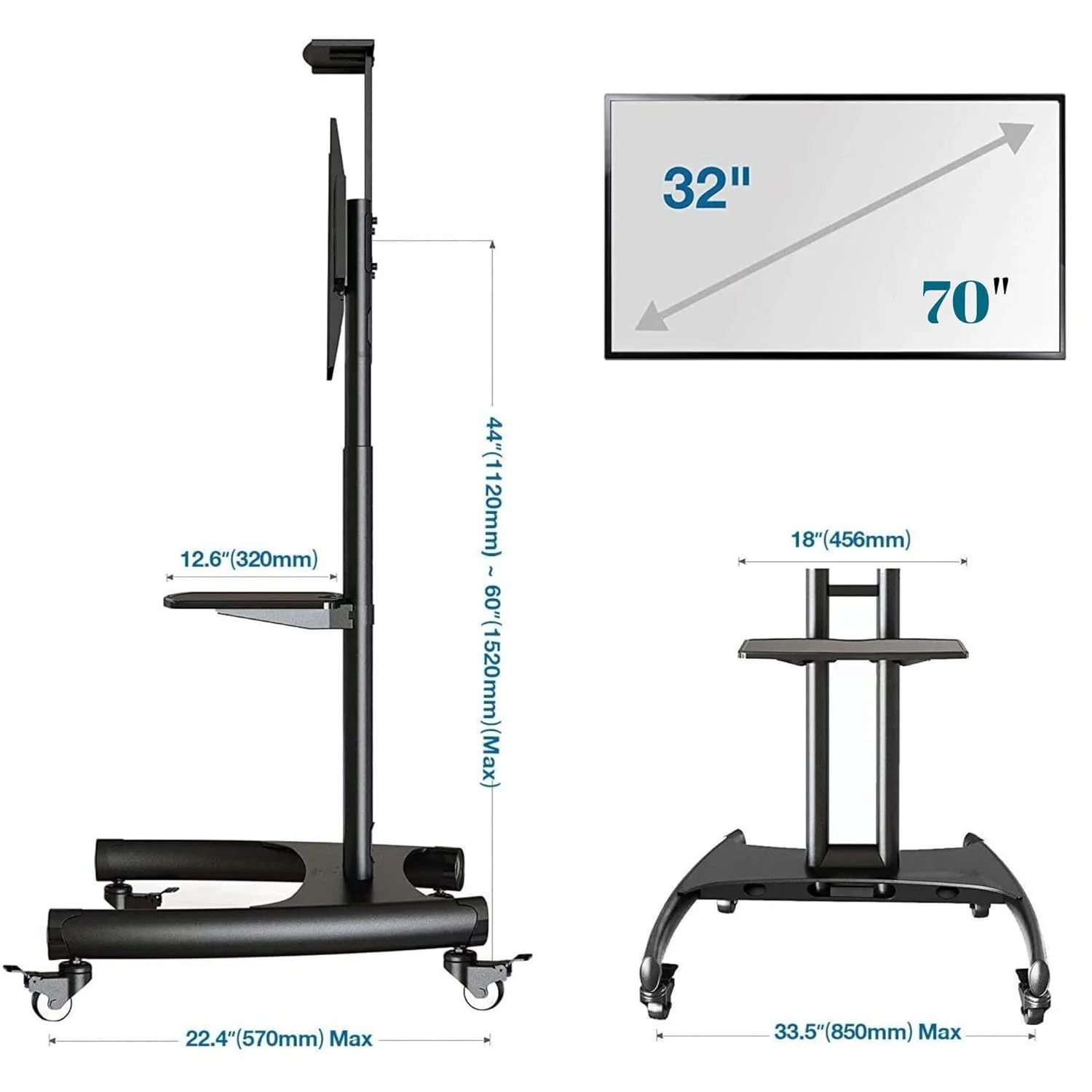 Gadget Wagon 32 - 75 inch LED TV Trolley Cart Portable Rolling Wheel Stand | VESA 600X400 mm | 45.5 kgs Load Capacity - Image 4