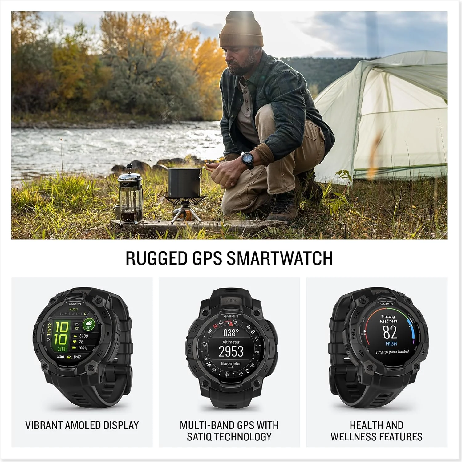 Garmin Instinct® 3, AMOLED Display, Rugged Outdoor GPS Smartwatch, Metal-Reinforced Bezel, Built-in Flashlight, Up to 18 Days of Battery Life, Black - Image 2