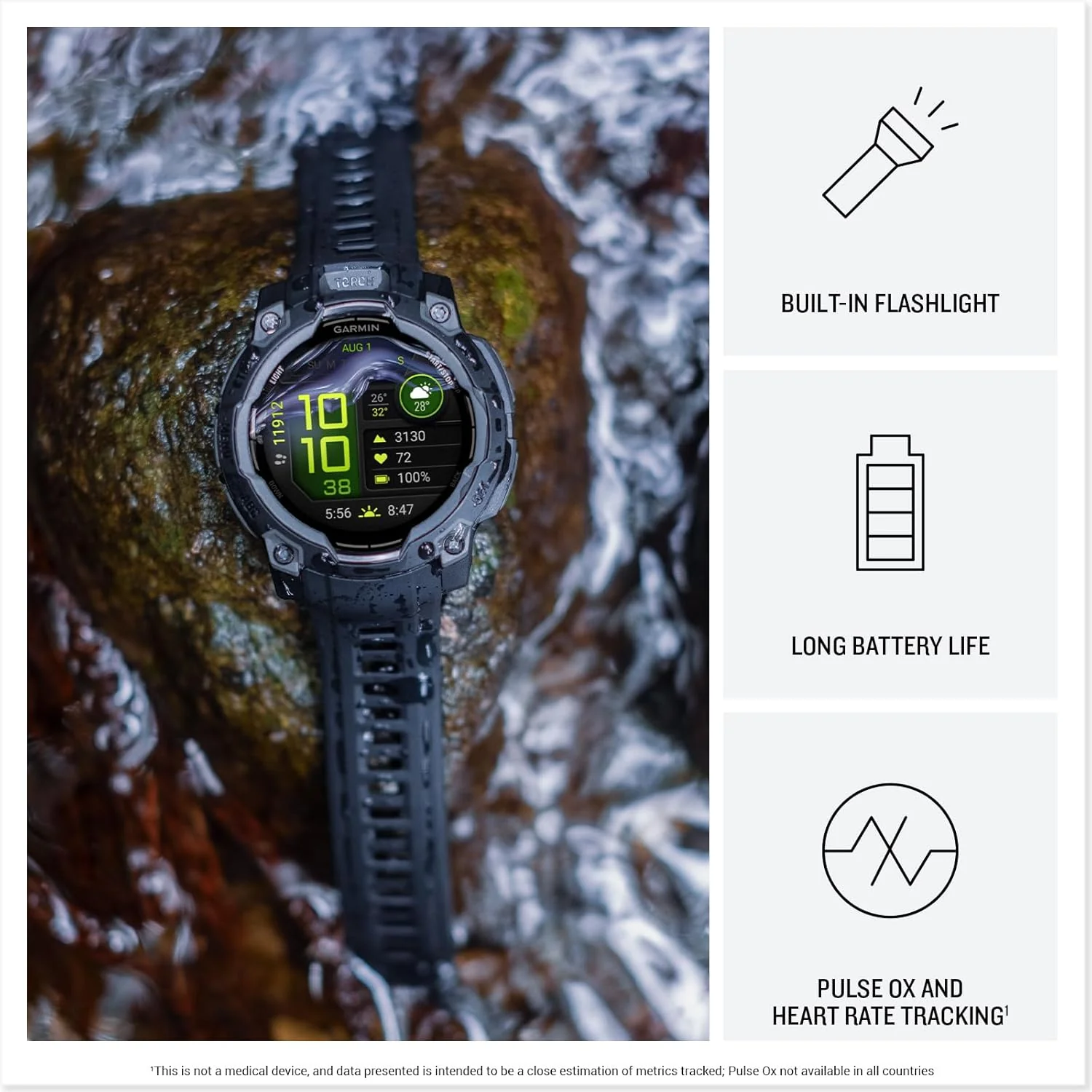 Garmin Instinct® 3, AMOLED Display, Rugged Outdoor GPS Smartwatch, Metal-Reinforced Bezel, Built-in Flashlight, Up to 18 Days of Battery Life, Black - Image 3