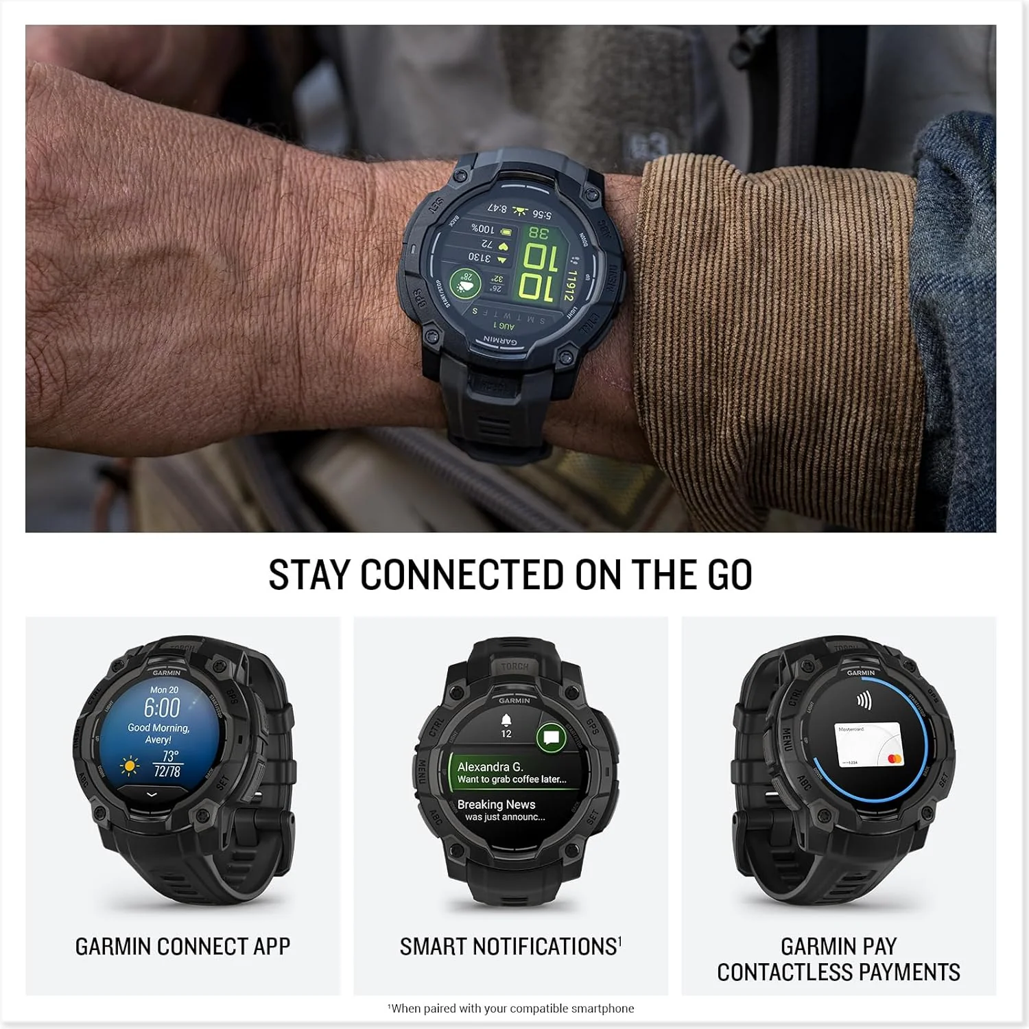 Garmin Instinct® 3, AMOLED Display, Rugged Outdoor GPS Smartwatch, Metal-Reinforced Bezel, Built-in Flashlight, Up to 18 Days of Battery Life, Black - Image 5