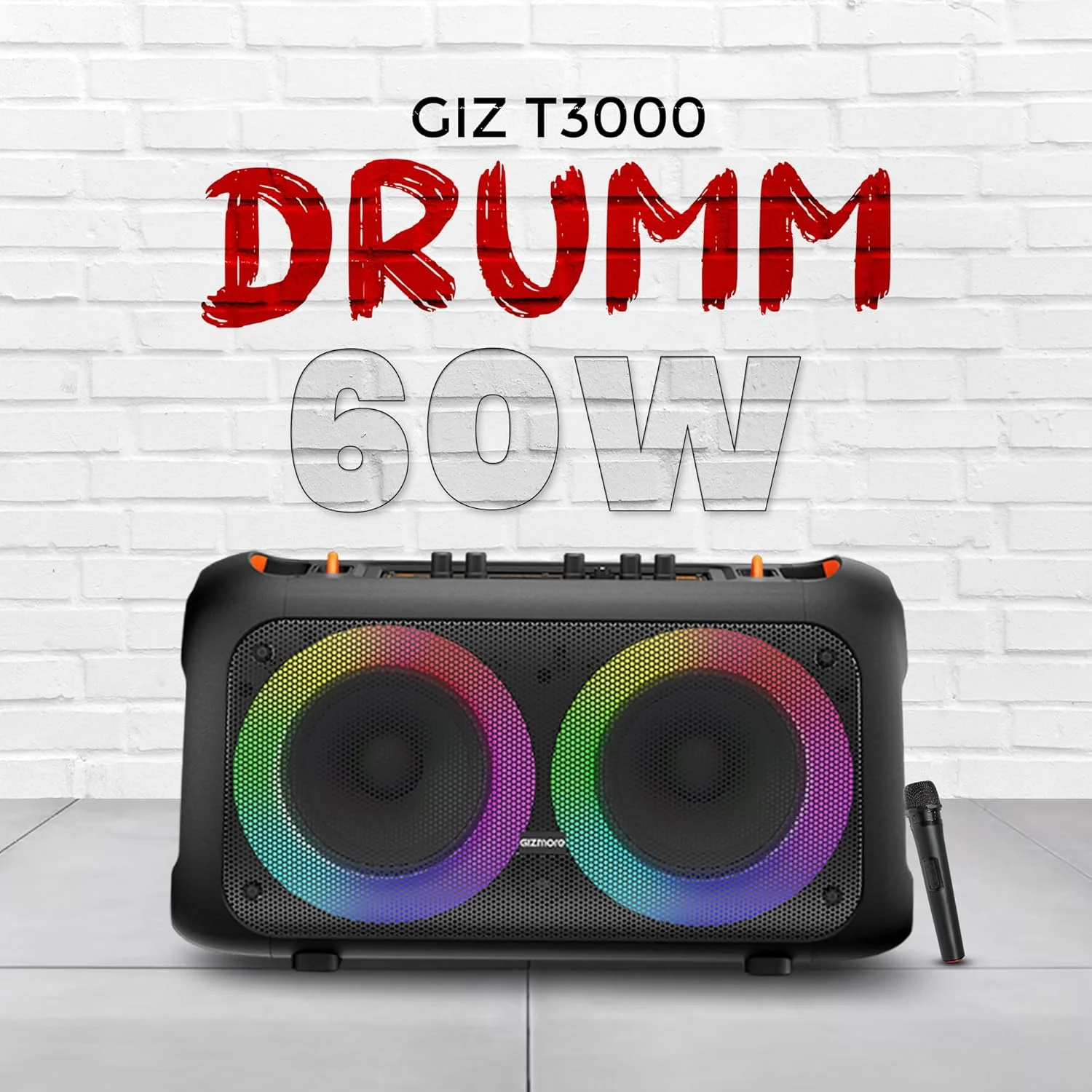GIZMORE Trolley Speaker T3000 Drumm 60 W Bluetooth Portable Party Speaker Up to 4 hrs Playtime with Digital LED Display, RGB Lights, Multi Connectivity USB, FM, AUX, SD Card and Wireless MIC - Image 2
