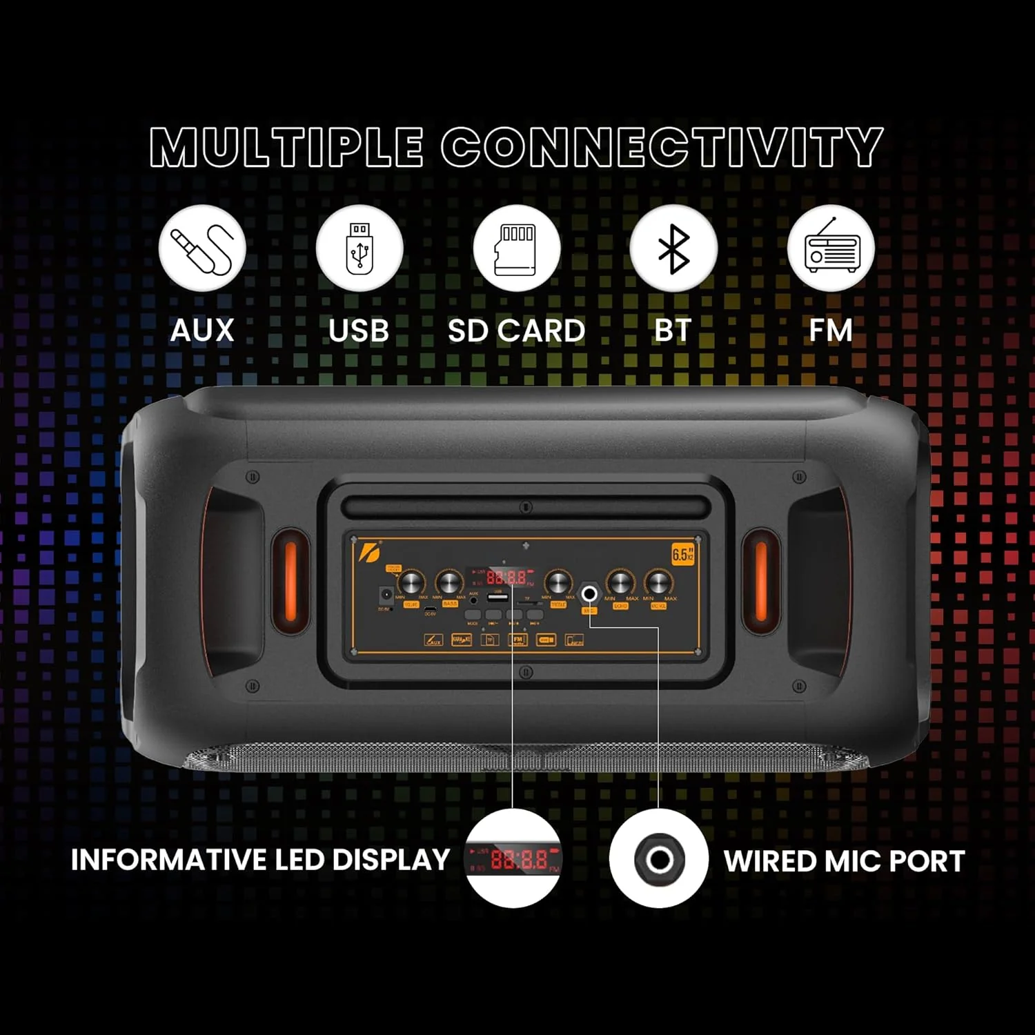 GIZMORE Trolley Speaker T3000 Drumm 60 W Bluetooth Portable Party Speaker Up to 4 hrs Playtime with Digital LED Display, RGB Lights, Multi Connectivity USB, FM, AUX, SD Card and Wireless MIC - Image 6