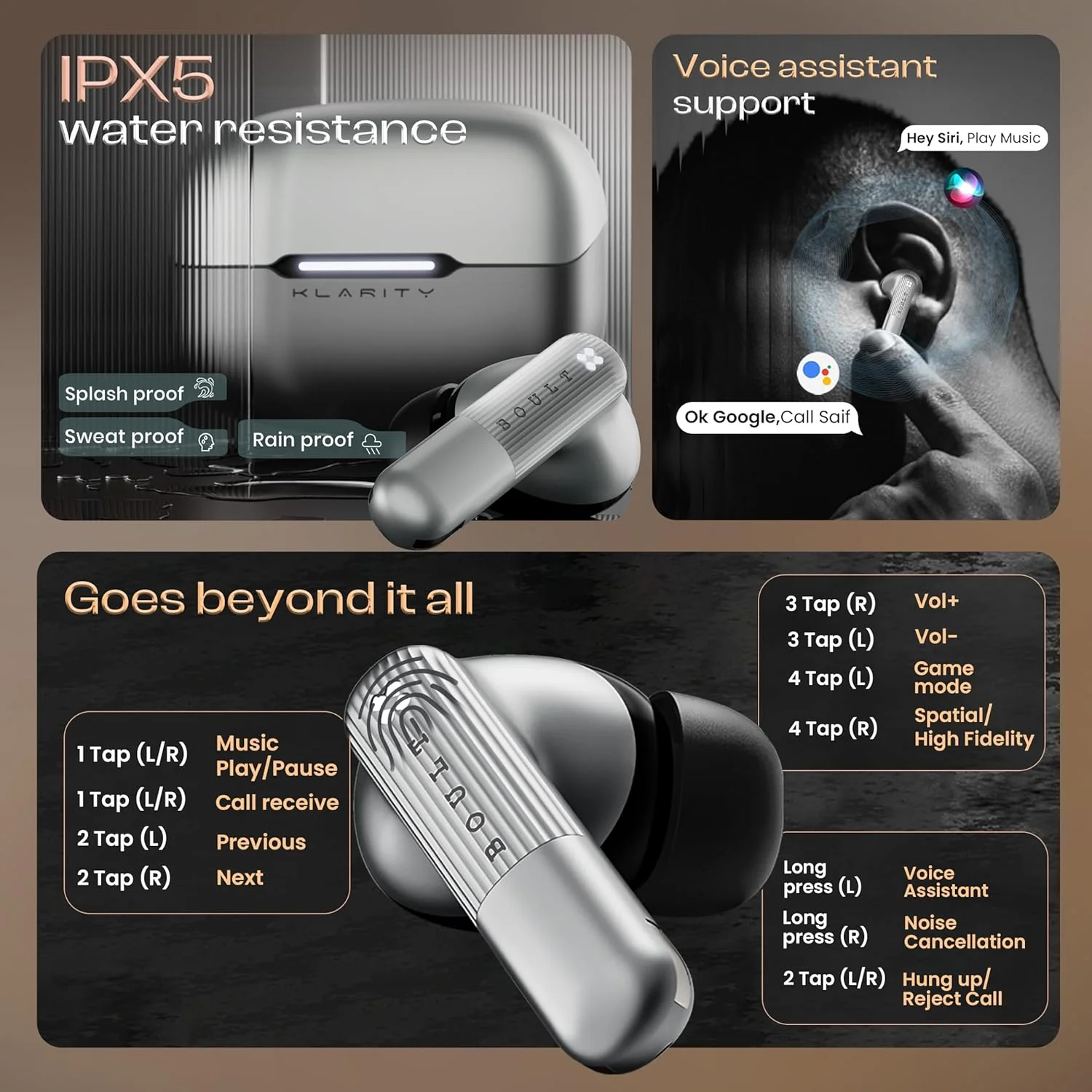 GOBOULT Klarity 3 6-Mic Hybrid ANC (Upto 50dB) in Ear Earbuds, Spatial Audio, Dual Device Pairing, 50H Playtime, Wind Noise Reduction 6 Mic Calling, Type-C Fast Charging, 13mm Bass Driver TWS (Silver) - Image 12