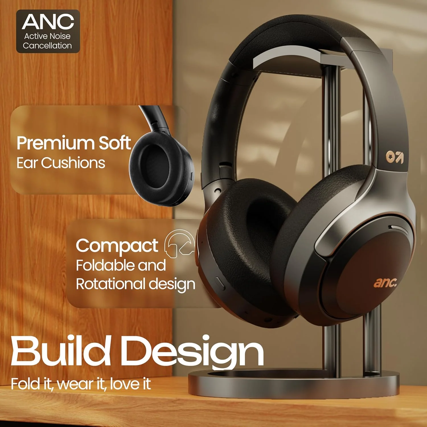 GOBOULT New Newly Launched Anchor Bluetooth Wireless Over Ear Headphones with Mic, Active Noise Cancellation, 72H Playtime, AUX, Type-C Fast Charging, 40mm Bass Drivers, ANC Headphones - Image 9