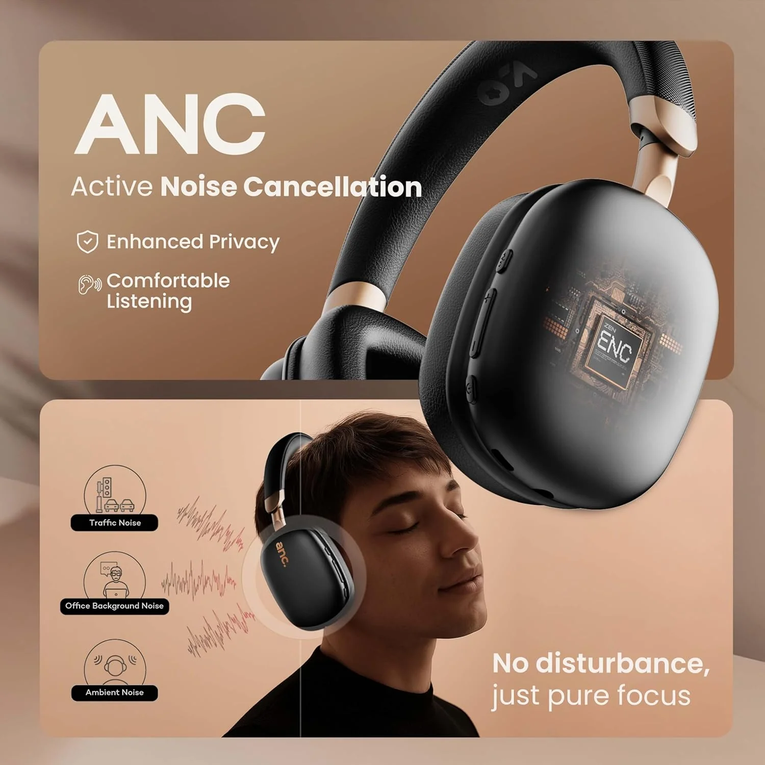 GOBOULT Newly Launched Fluid X Pro ANC Headphones BT Wireless 70H Playtime, 40mm Bass Driver, Active Noise Cancellation, Type-C Fast Charging, ANC Headphones Wireless (Raven Black) - Image 4