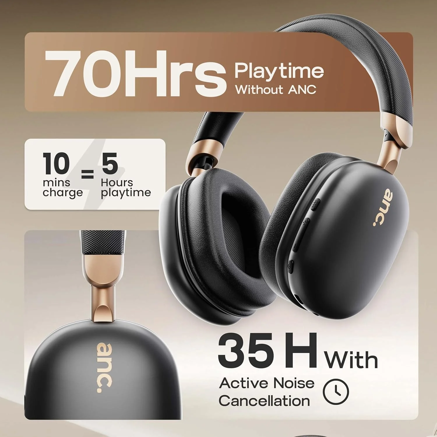 GOBOULT Newly Launched Fluid X Pro ANC Headphones BT Wireless 70H Playtime, 40mm Bass Driver, Active Noise Cancellation, Type-C Fast Charging, ANC Headphones Wireless (Raven Black) - Image 5