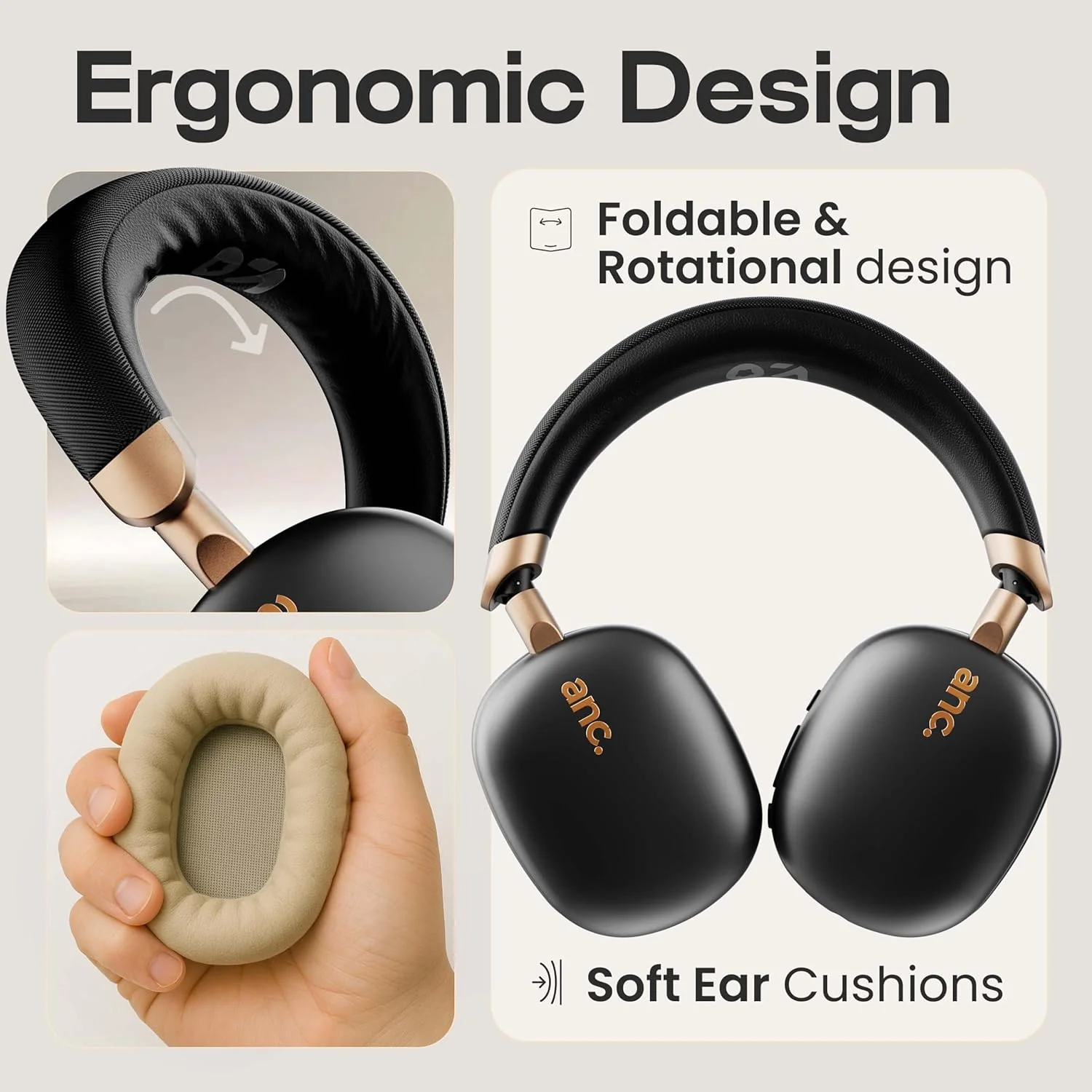 GOBOULT Newly Launched Fluid X Pro ANC Headphones BT Wireless 70H Playtime, 40mm Bass Driver, Active Noise Cancellation, Type-C Fast Charging, ANC Headphones Wireless (Raven Black) - Image 7
