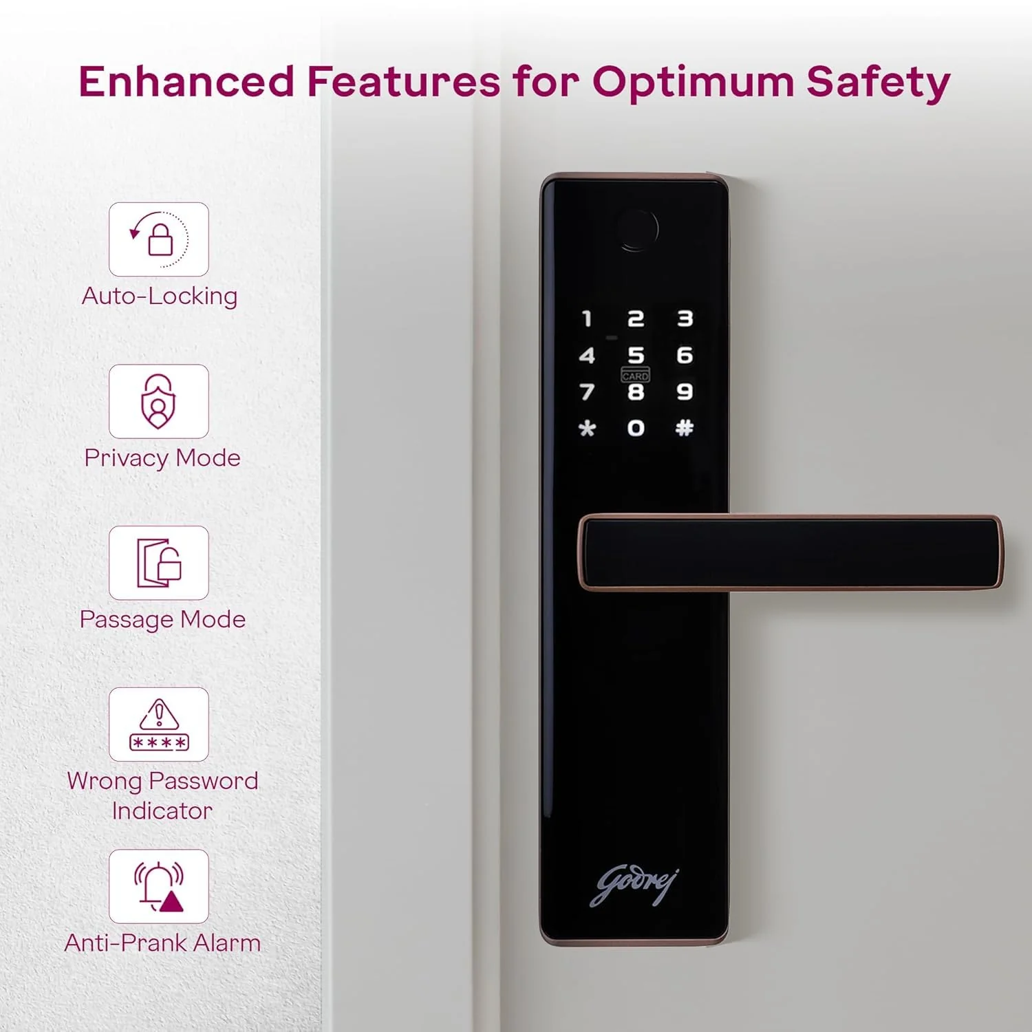Godrej Digital Lock | Catus Advantage | Smart Lock for Wooden Door | 4 in 1 Access | Fingerprint | RFID | PIN Access | Mechanical Key | Rose Gold Finish | 3Years Warranty - Image 5