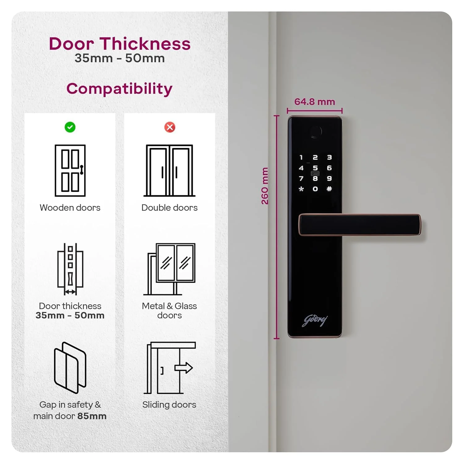 Godrej Digital Lock | Catus Advantage | Smart Lock for Wooden Door | 4 in 1 Access | Fingerprint | RFID | PIN Access | Mechanical Key | Rose Gold Finish | 3Years Warranty - Image 7